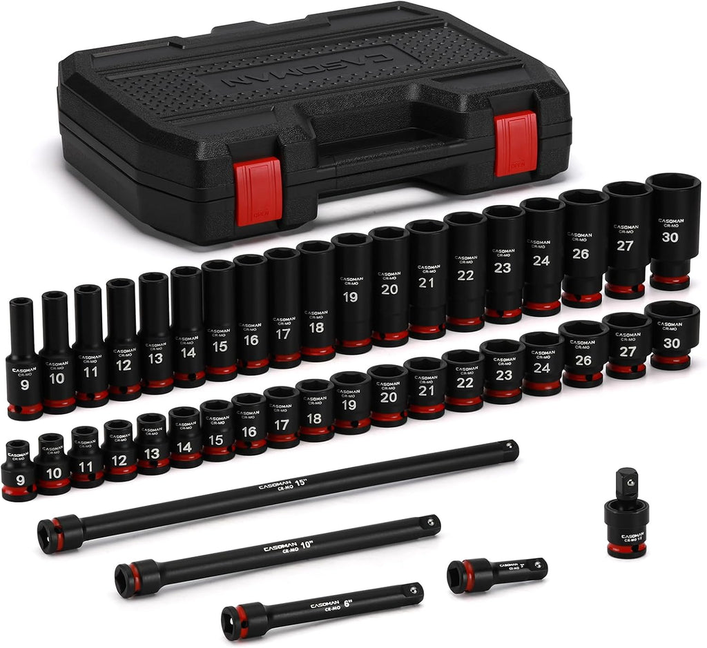 CASOMAN 43-Piece 1/2' Drive Master Impact Socket Set, Deep and Standard, 6-Point, Metric, 9mm - 30mm, CR-MO Steel, Impact Universal Joint & Extension Bars, with Storage Case