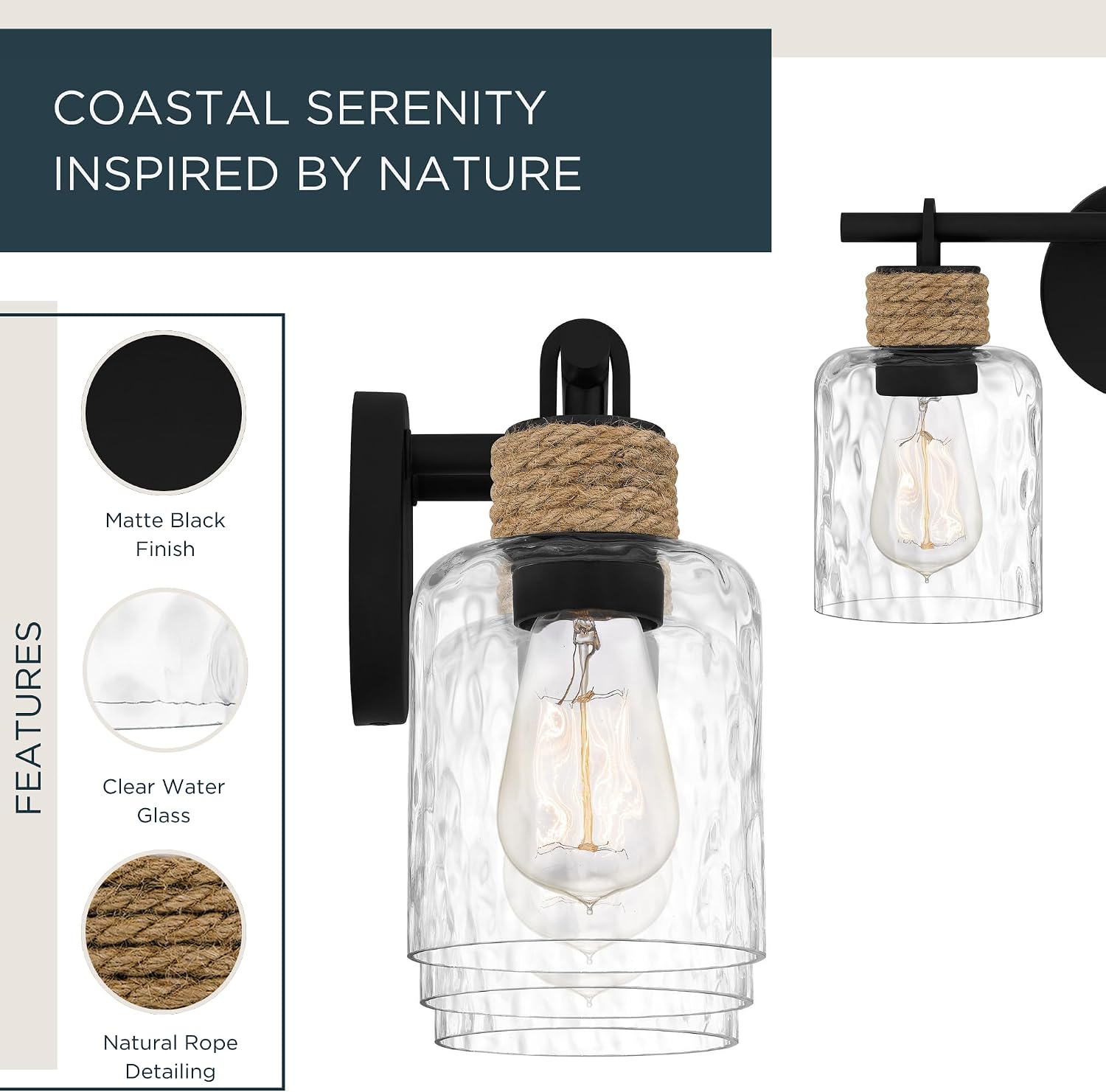 Quoizel Baltic 24' 3-Light Coastal Vanity Light, Matte Black with Clear Water Glass, ETL Damp Rated