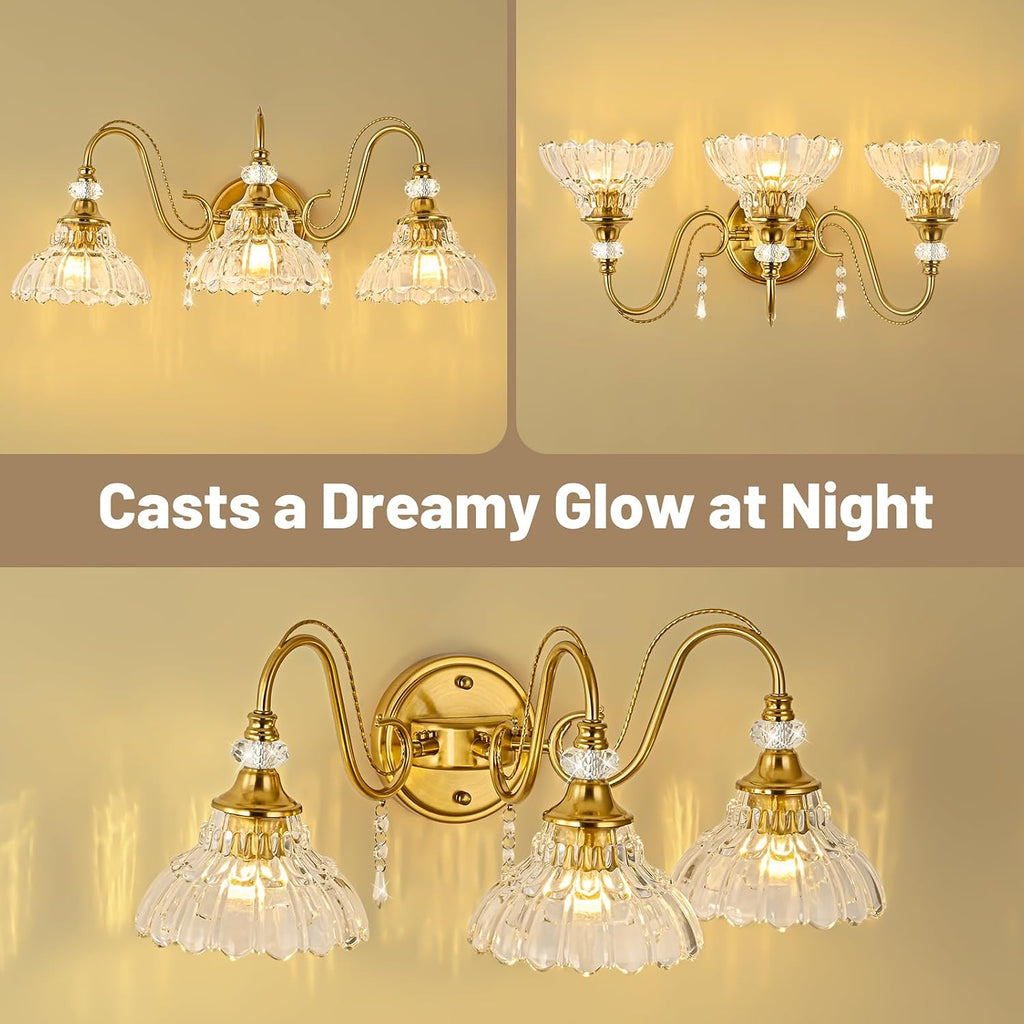 Vintage Bathroom Vanity Light, 3-Light Brushed Gold Finish Wall Sconce with Hanging Crystal Accents and Flower-Shaped Clear Glass Shades, Retro Wall Mount Vanity Light Over Mirror for Bathroom