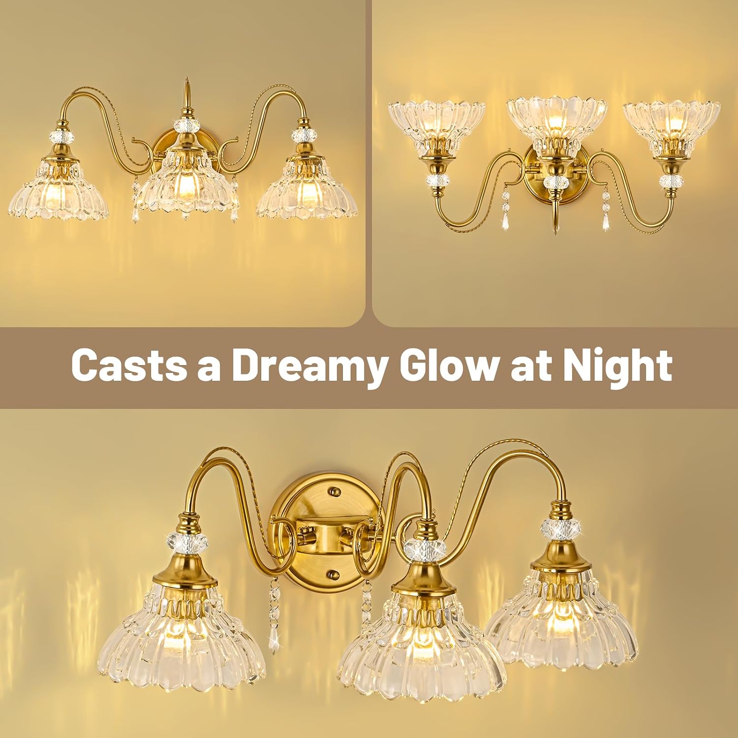 Vintage Bathroom Vanity Light, 3-Light Brushed Gold Finish Wall Sconce with Hanging Crystal Accents and Flower-Shaped Clear Glass Shades, Retro Wall Mount Vanity Light Over Mirror for Bathroom