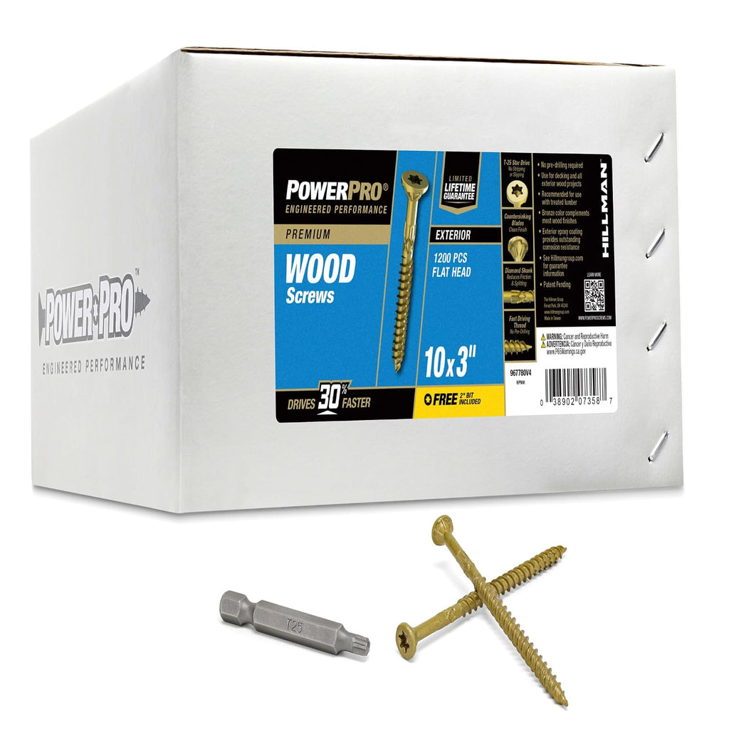Power Pro Premium Exterior Wood Screws, #10 x 3 Inch All-Purpose Deck Screws for Outdoor Projects, T-25 Star Bit Included, Bronze, 1200 Pieces | 967780V4