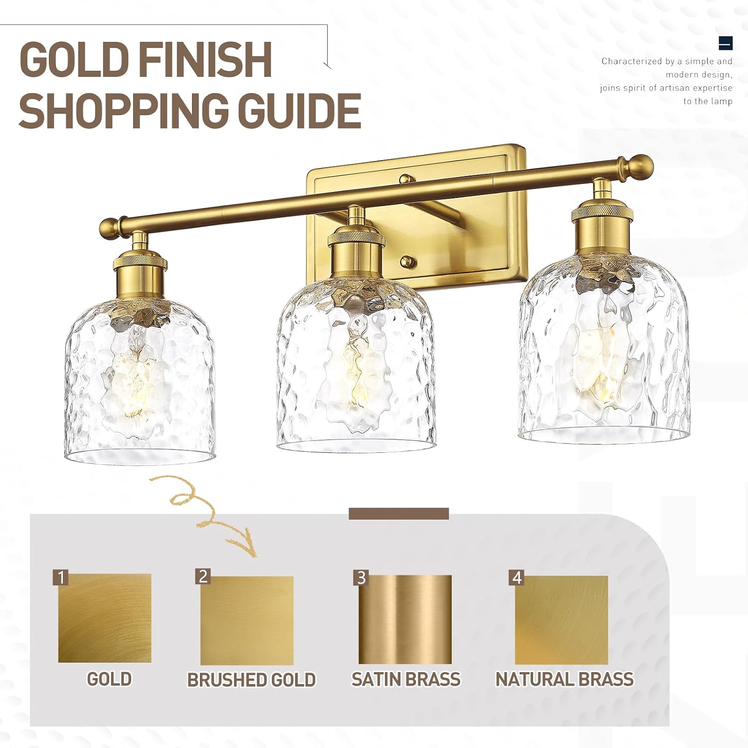 zeyu 27'' Modern Vanity Lights Over Mirror, 4-Light Brushed Gold Wall Light for Mirror Bedroom, Brushed Gold Finish with Clear Hammered Glass, ZJF63B-4W BG