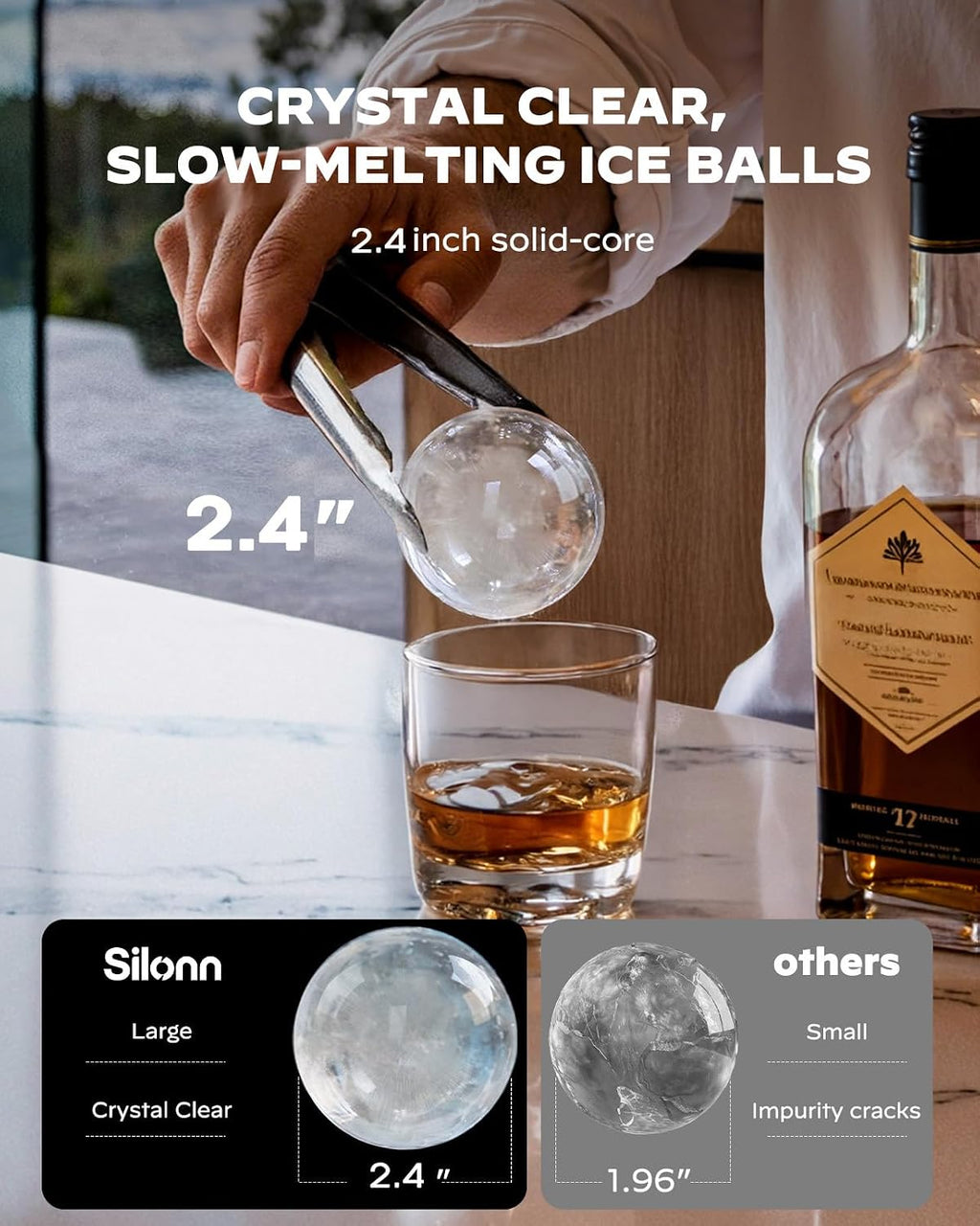 Silonn 2' Sphere Clear Ice Maker Countertop, Slow-Melting Crystal Ice Balls for Whiskey, 4 Pcs in 35 Mins / 144 Pcs/Day, Rapid Sphere Technology, One-Click Self-Cleaning, Ideal for Bourbon