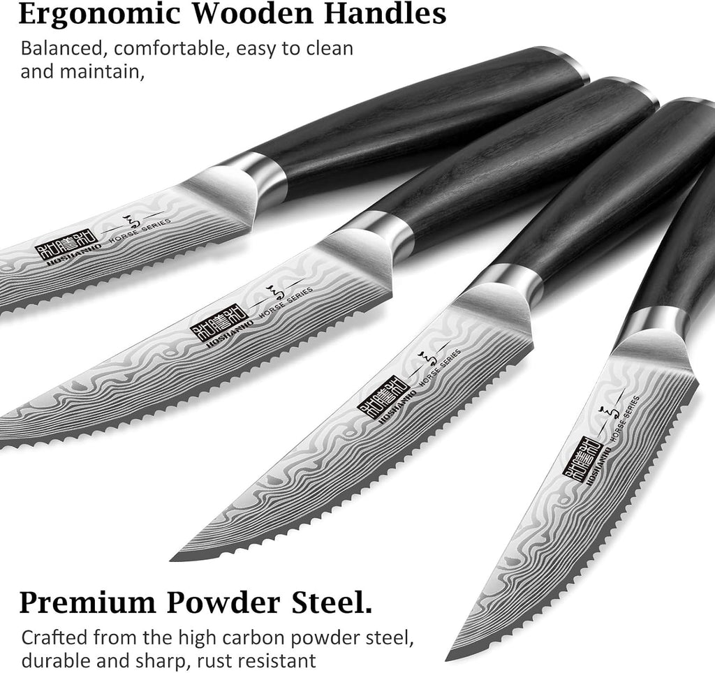 HOSHANHO Steak Knives Set of 6, 4.5 Inch Japanese Serrated Steak Knife Set, Ultra Sharp High Carbon Powder Steel Steak Knife with Pakkawood Handle