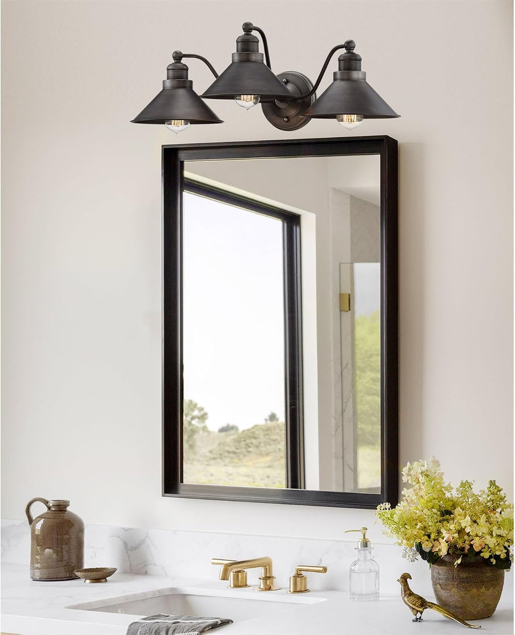 Kira Home Welton 25.5' 3-Light Modern Farmhouse Vanity Light with Funnel Shades, Industrial Dark Bronze Wall Sconce Bathroom Light, Brushed Dark Bronze Finish