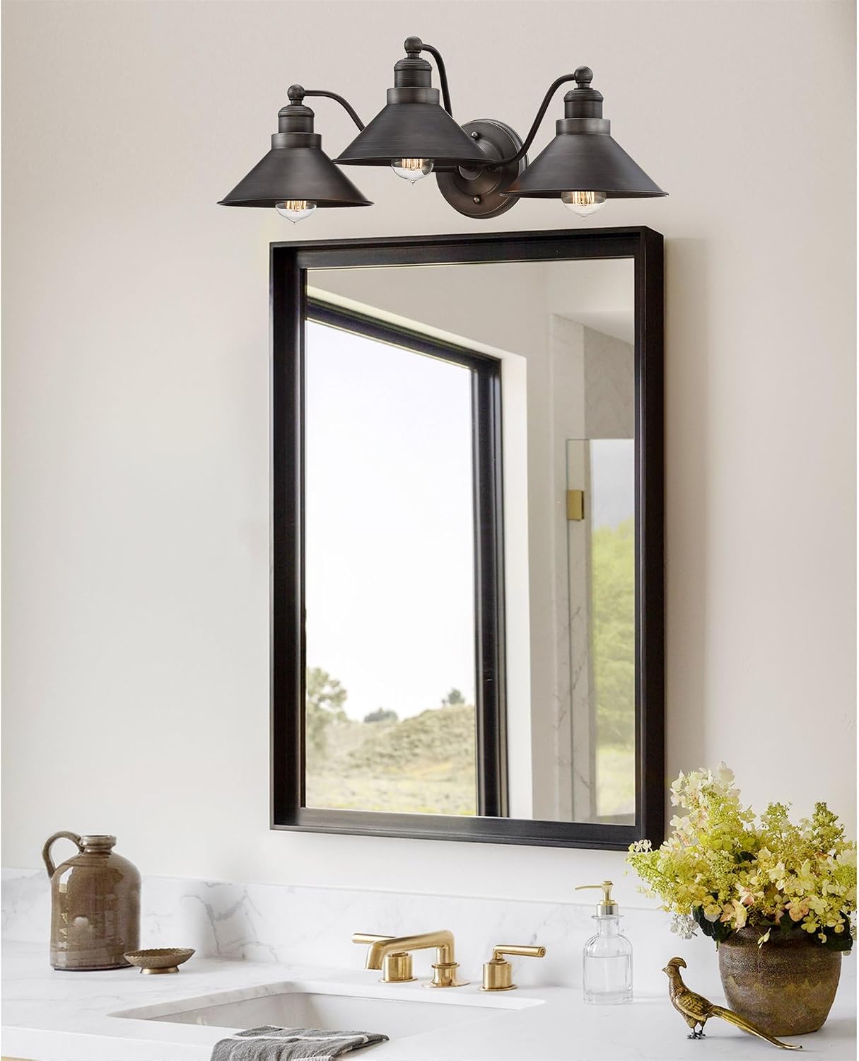 Kira Home Welton 25.5' 3-Light Modern Farmhouse Vanity Light with Funnel Shades, Industrial Dark Bronze Wall Sconce Bathroom Light, Brushed Dark Bronze Finish