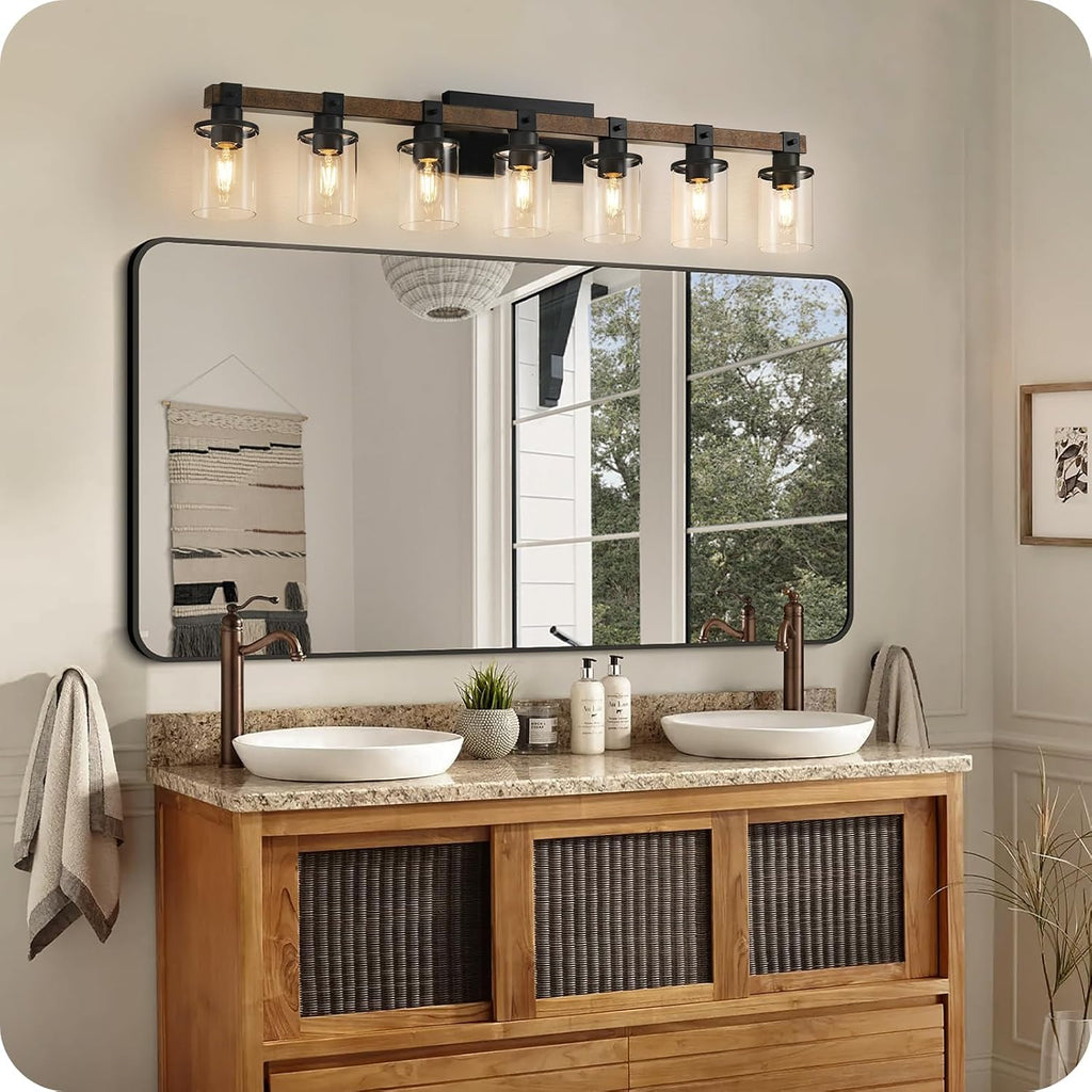 7-Light Bathroom Light Fixture, Farmhouse Vanity Lights for Bathroom with Glass Shade, Rustic Bathroom Light Fixtures, E26 Base F16BD05