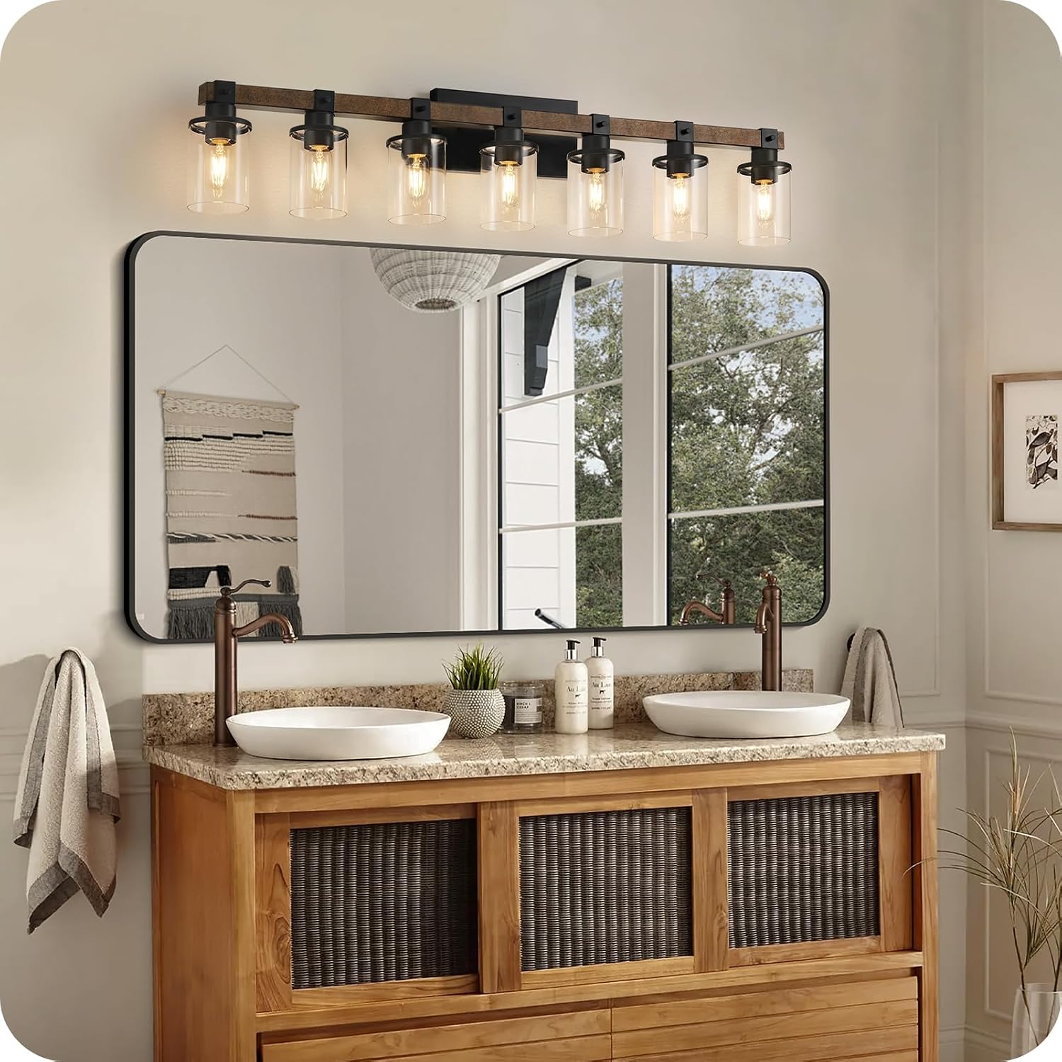 7-Light Bathroom Light Fixture, Farmhouse Vanity Lights for Bathroom with Glass Shade, Rustic Bathroom Light Fixtures, E26 Base F16BD05