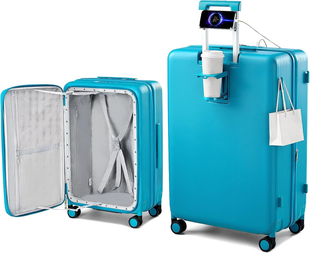 Hanke Large Expandable 28 Inch Luggage with Spinner Wheels Top Opening Travel Luggage Hard Shell Rolling Suitcases Lightweight Checked Luggage with Cup Holder(Caribbean Blue)