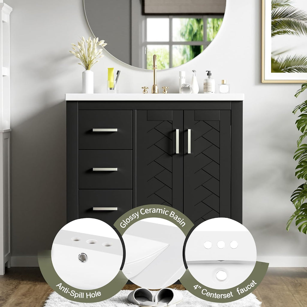 30 Inch Black Bathroom Vanity with Sink and Countertop,Solid Wood Frame Bathroom Cabinet with Sink,Modern Sink Storage Cabinet with 3 Drawers & Soft Closing Doors,Sliver Handles