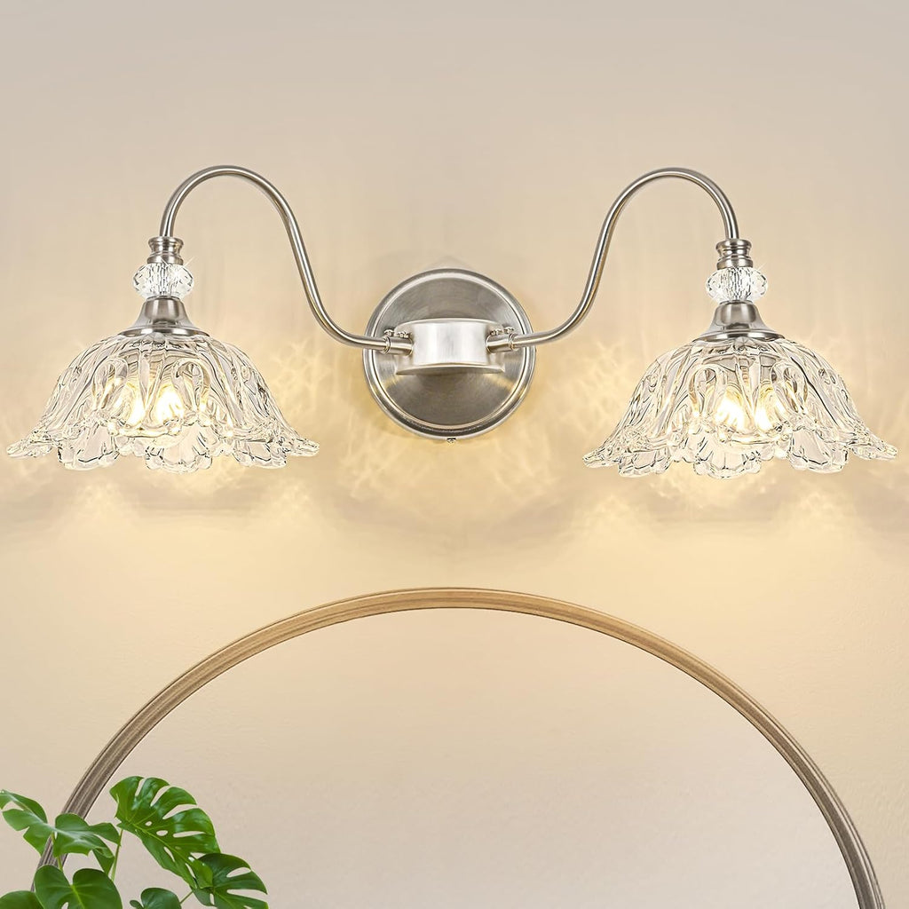 Brushed Nickel Bathroom Vanity Light, 2-Light Vanity Light with Floral Clear Glass Shades, Nickel Wall Mount Lighting for Bathroom, Dressing Table