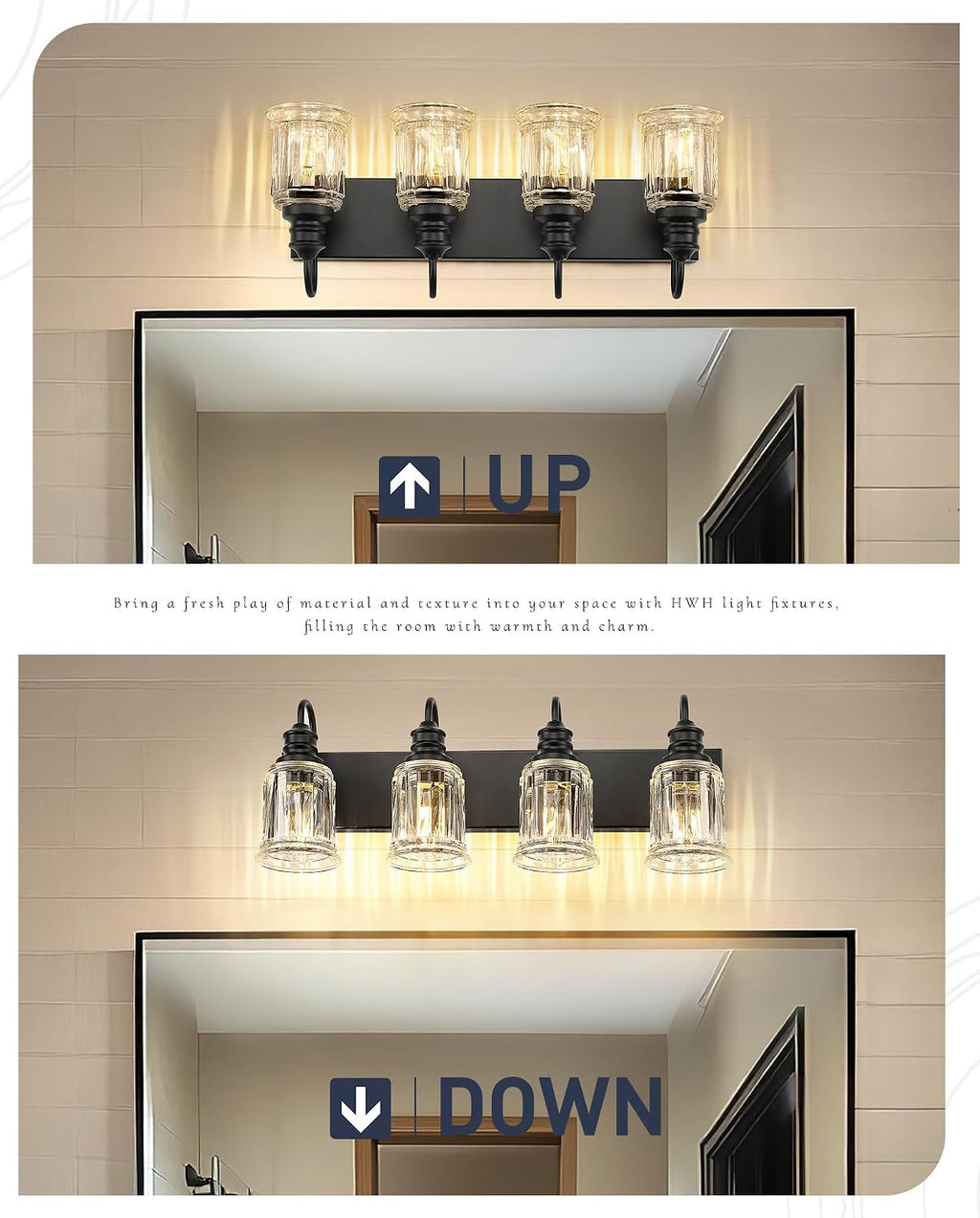HWH 4-Light Bathroom Vanity Light, Wall Light Sconces for Bathroom, Dressing Table, Black Bathroom Mirror Wall Light with Bell-Shaped Clear Glass, Matte Black Finish, 5HZG106B-4W BK