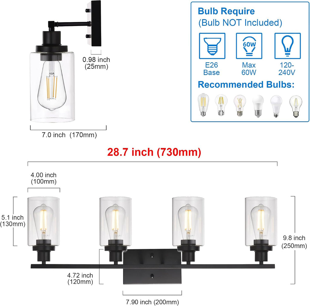 MELUCEE 4 Lights Sconces Wall Lighting Black with Clear Glass Shade, Industrial Bathroom Light Fixtures Vanity Lights Porch Light Fixtures Wall Mount (Patent No.: US D963914 S)
