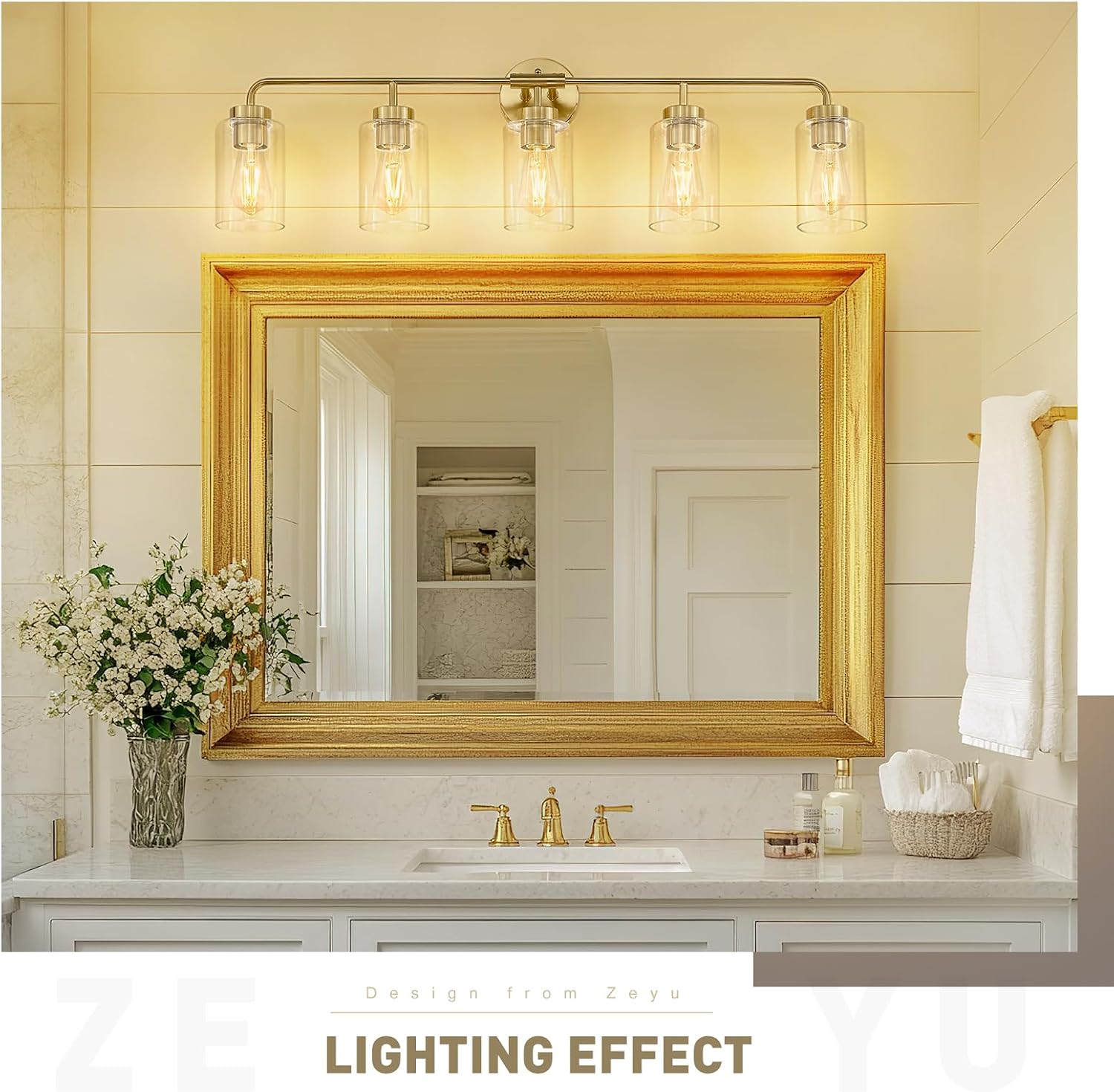 zeyu 5 Light Sconces Wall Lighting, 37 Inch Bathroom Vanity Light Fixtures, Brushed Gold Finish, Clear Glass Shade, ZS62B-5W BG