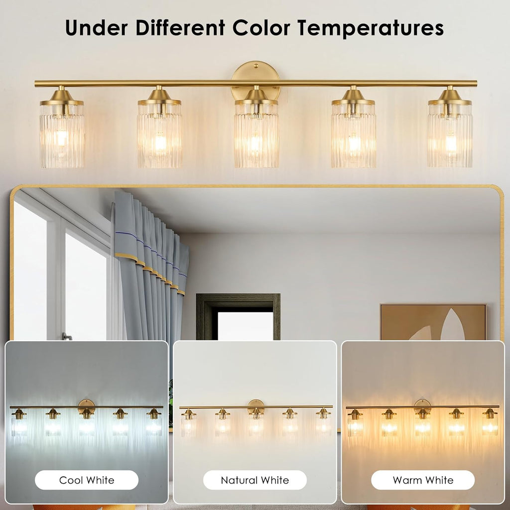 Jonsi Gold Bathroom Light Fixtures 5-Light Vanity Lights Modern Wall Sconce with Clear Glass Shade Brushed Brass Bathroom Light Fixture Over Mirror for Bedroom Hallway Kitchen