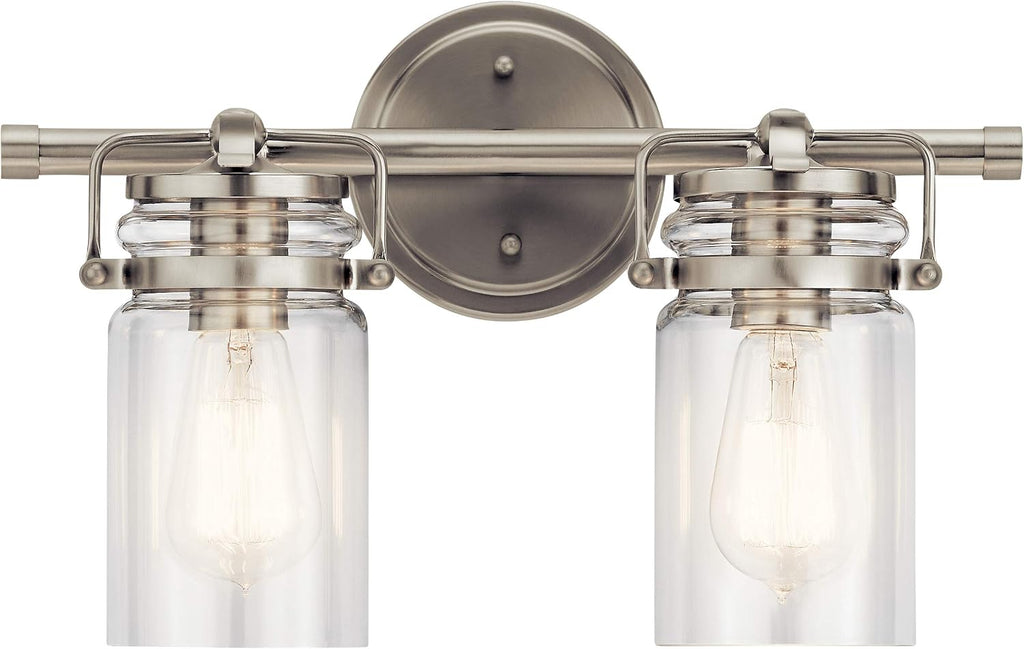 Kichler Brinley 15.75' Vanity Light in Brushed Nickel, 2-Light Farmhouse Bathroom Vanity Light with Clear Glass, (15.75' W x 10' H), 45688NI