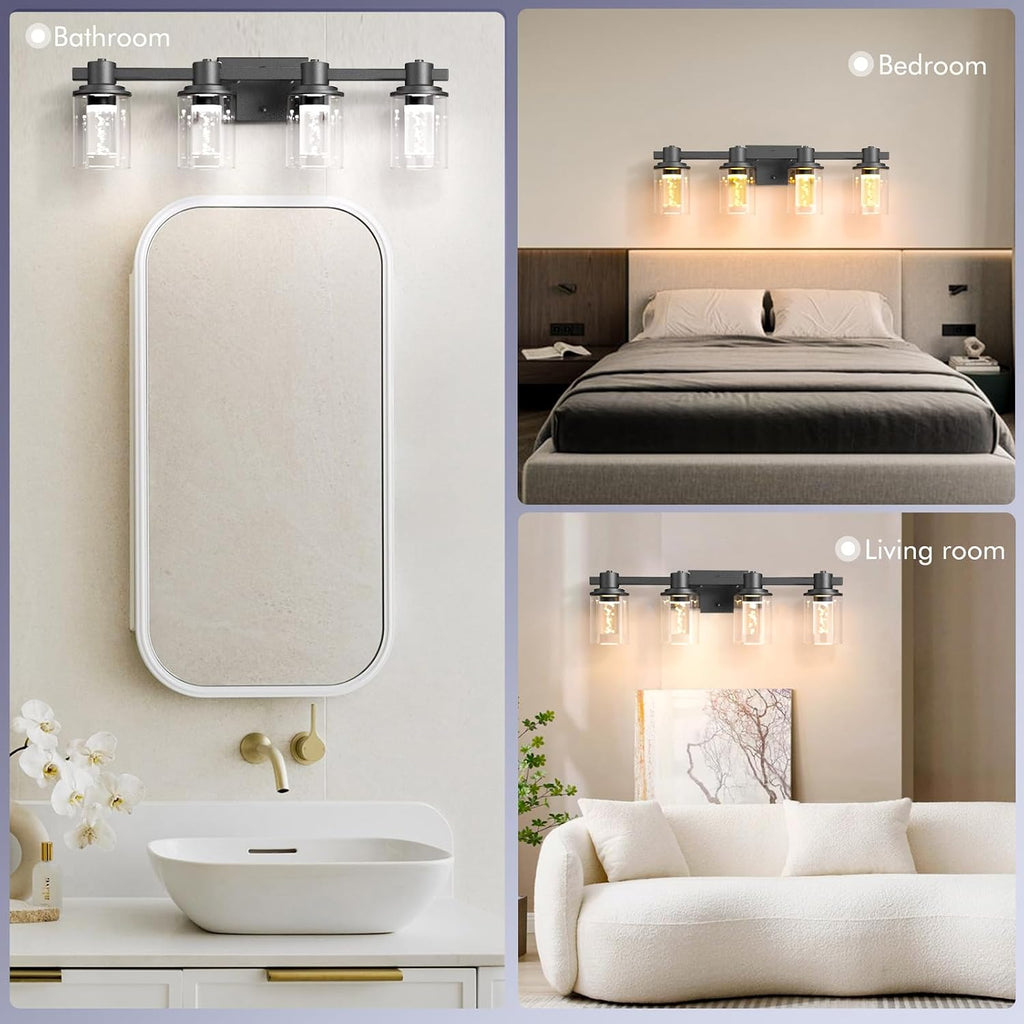 Quntis 4-Light Black Bathroom Light Fixtures with 5 Color Modes, 27 Inch Dimmable Modern Vanity Lighting Fixture Over Mirror, 28 Watts Eye Protection LED Wall Lamp (UL Certified, Bulbs Included)