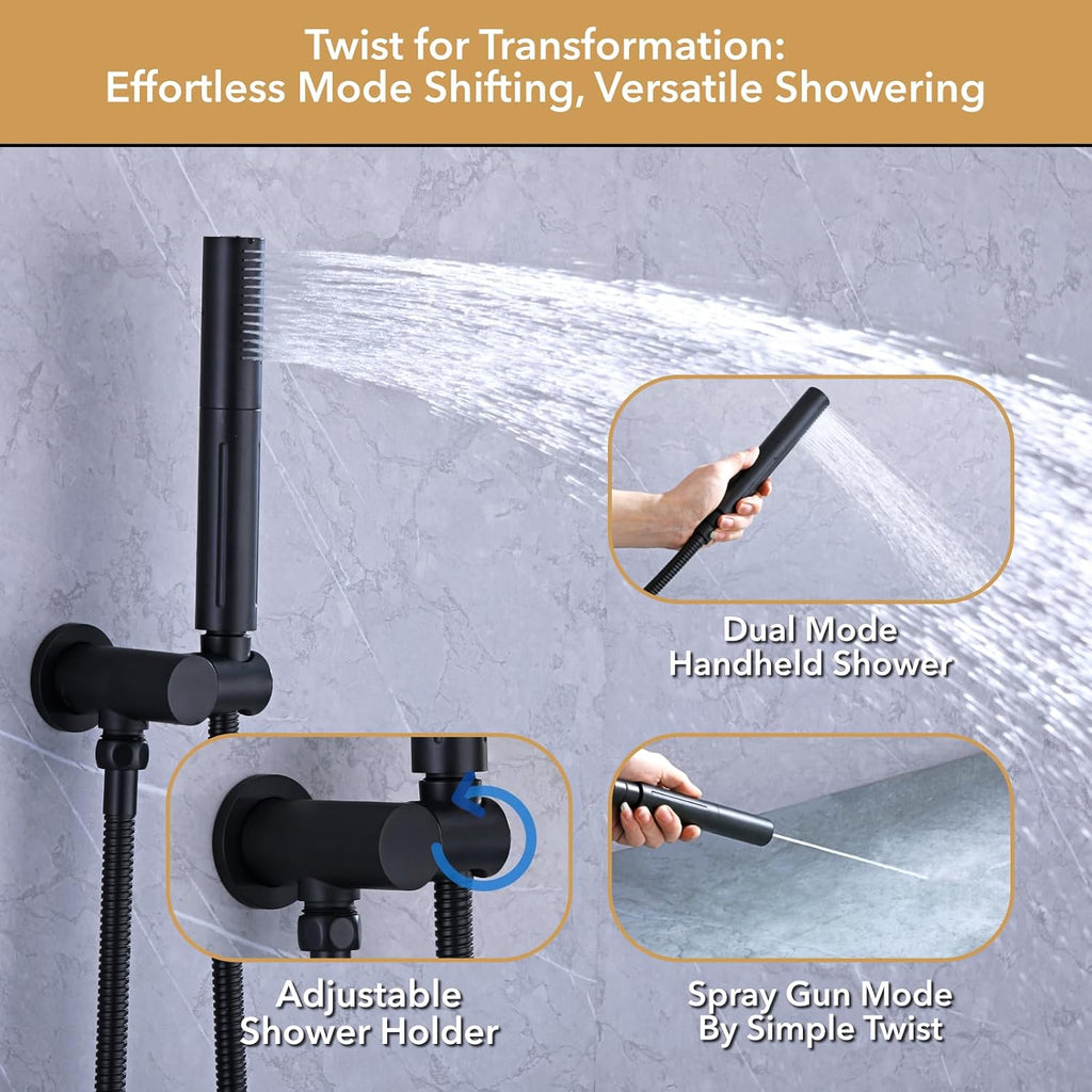 VANFOXLE Shower Faucet Set Matte Black Shower System,Push Button Diverter Shower Faucet with 2 in 1 Handheld,Wall Mount 8 Inch Shower Head with 9 Inch Bathtub Waterfall Spout
