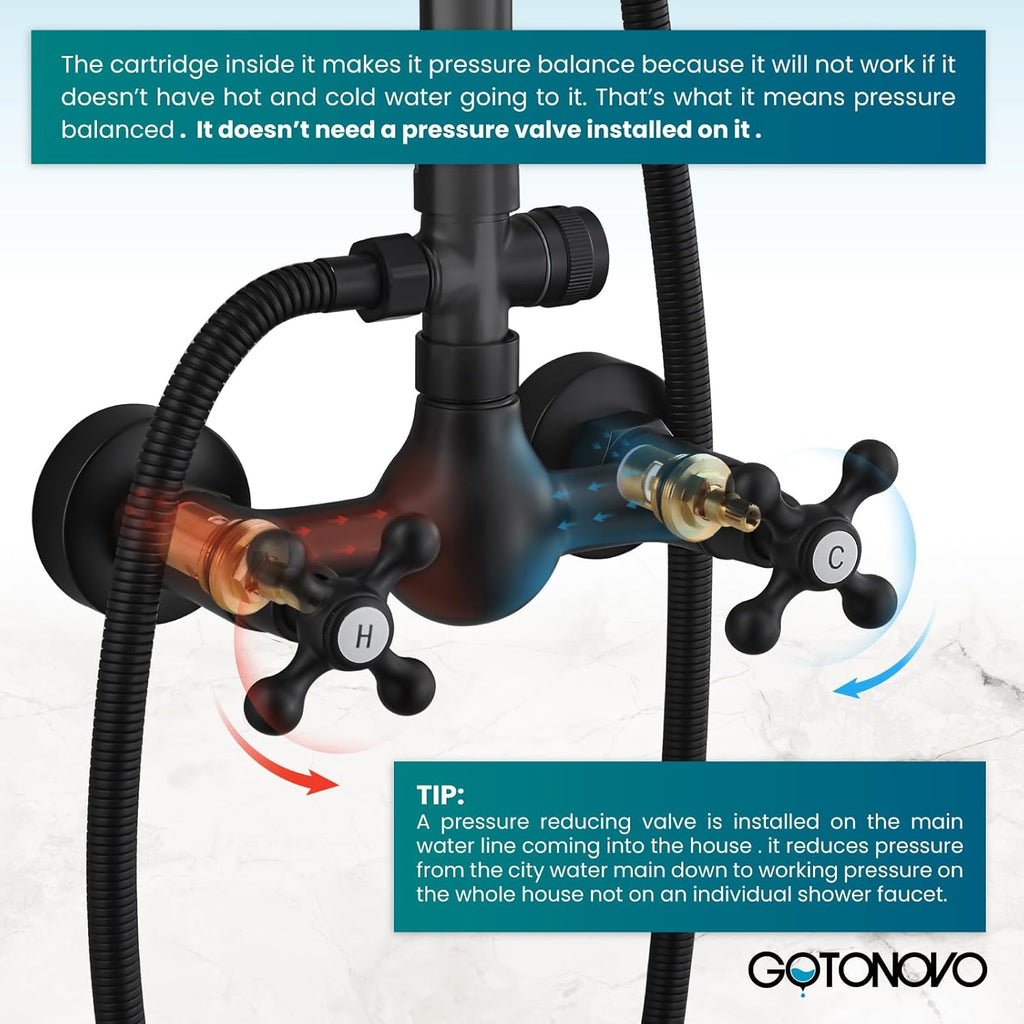 gotonovo Exposed Bathroom Shower Faucet Set Shower Fixture 8 Inch Rainfall Shower Head Handheld Shower Cross Handle Wall Mount 2 Functions Matte Black