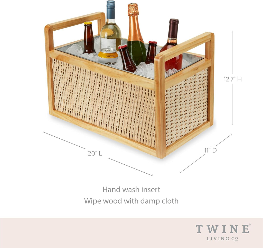 Twine Rattan and Wood Bottle Cooler Basket, Beverage Tubs for Parties, Beverage Chiller Ice Bucket for Drinks with Handles, Holds 8 Wine Bottles or 6.5 Gallons Set of 1