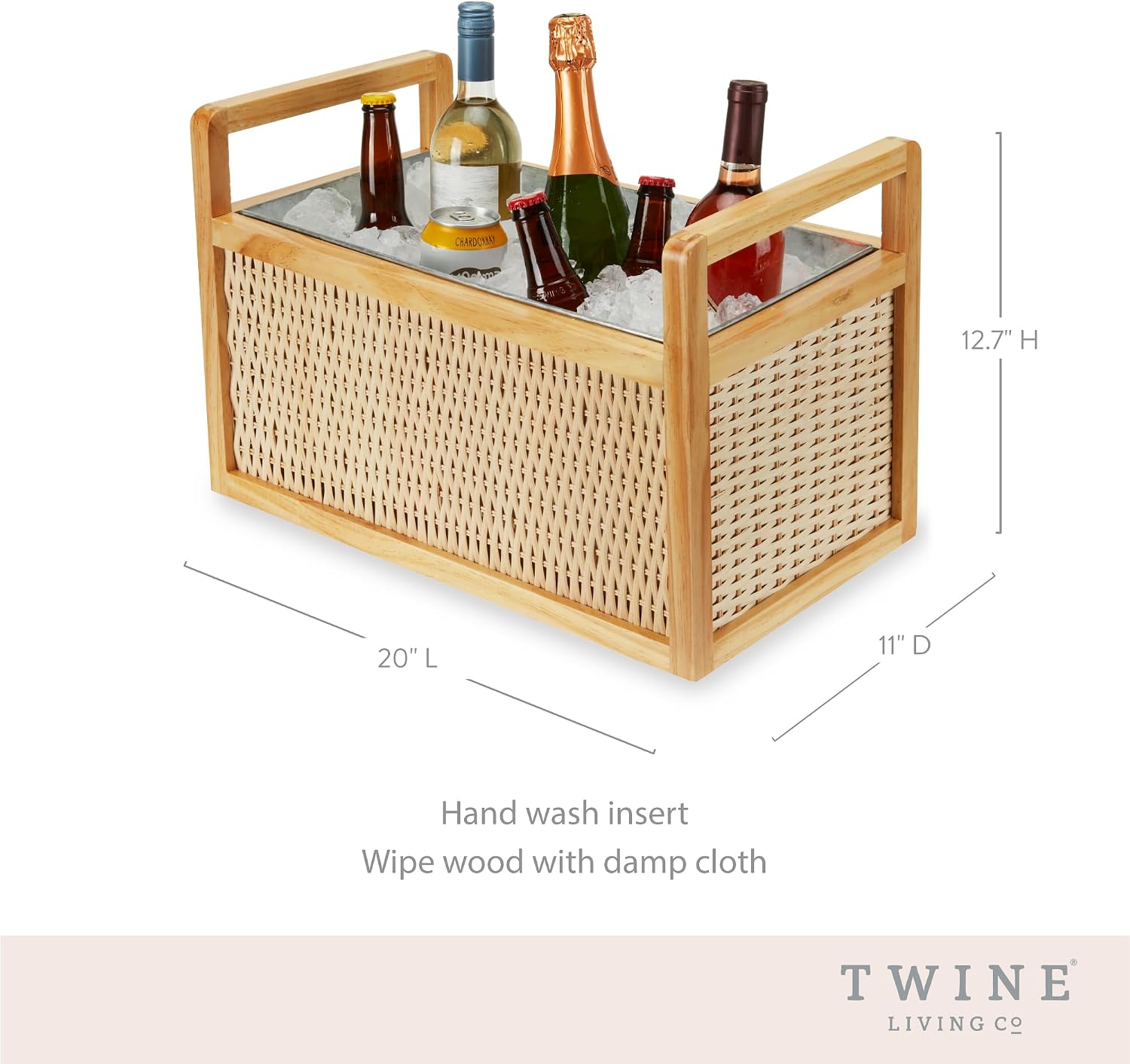 Twine Rattan and Wood Bottle Cooler Basket, Beverage Tubs for Parties, Beverage Chiller Ice Bucket for Drinks with Handles, Holds 8 Wine Bottles or 6.5 Gallons Set of 1