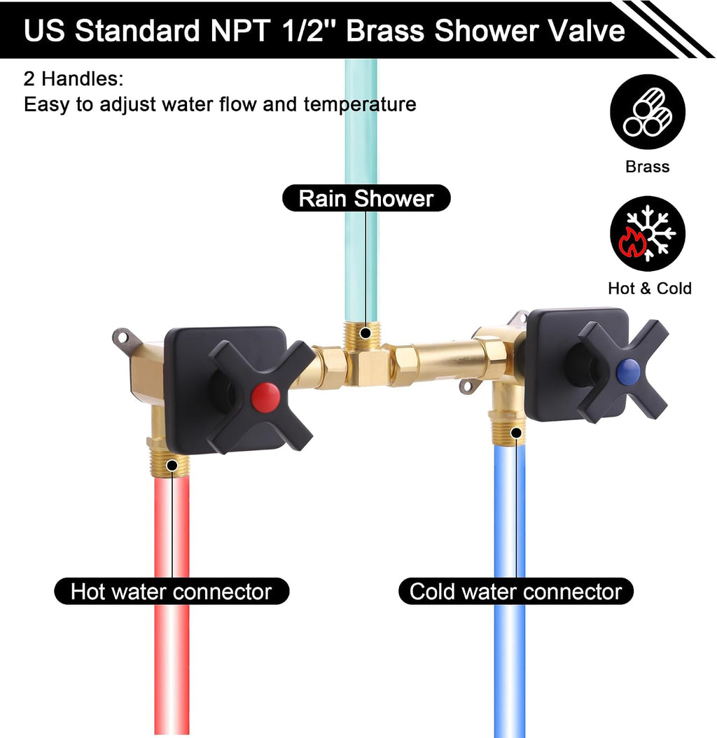 2 Handle Shower Faucet set, Matte Black Two Handle Shower Faucets Sets Complete 2 Knob Shower Faucet and Hand Shower