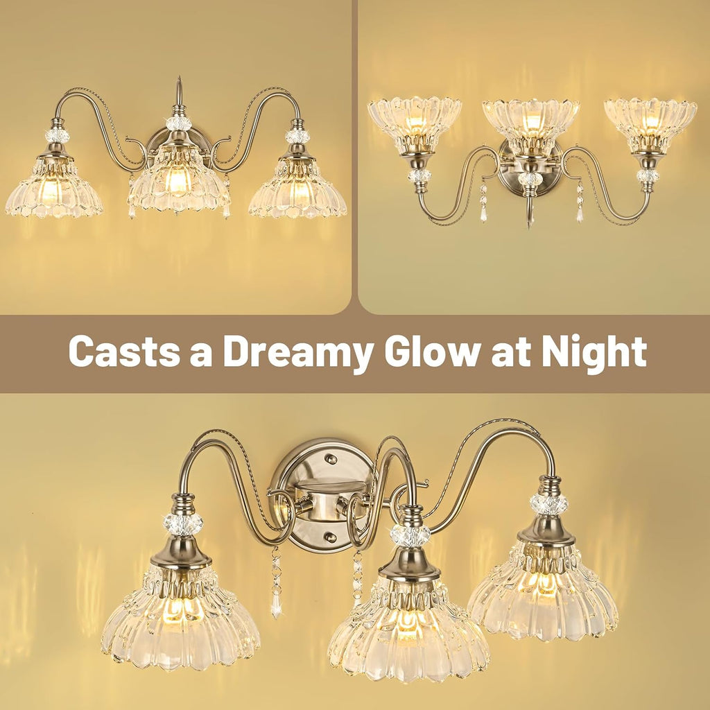 Brushed Nickel Bathroom Vanity Light, 3-Light Nickel Finish Wall Sconce with Hanging Crystal Accents and Flower-Shaped Clear Glass Shades, Modern Wall Mount Vanity Light Over Mirror for Bathroom