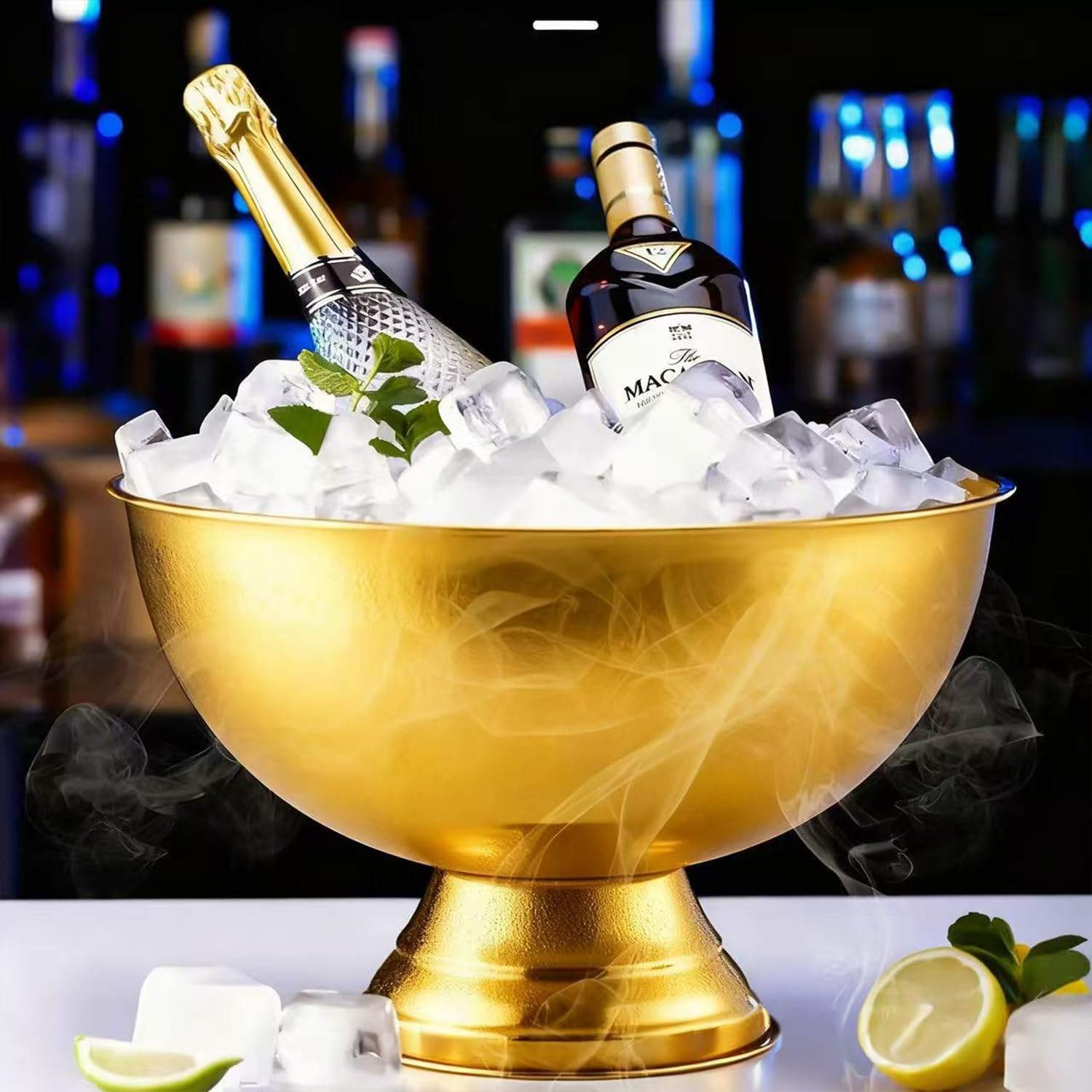 Large Ice Bucket 13L Stainless Steel Champagne Bowl Ice Bucket with Ice Scoop Semicircle Drink Tub with Integrated Base Silver Beverage Tub for Parties, Cocktail Bar, Chilling Wine (2 Packs-Gold)