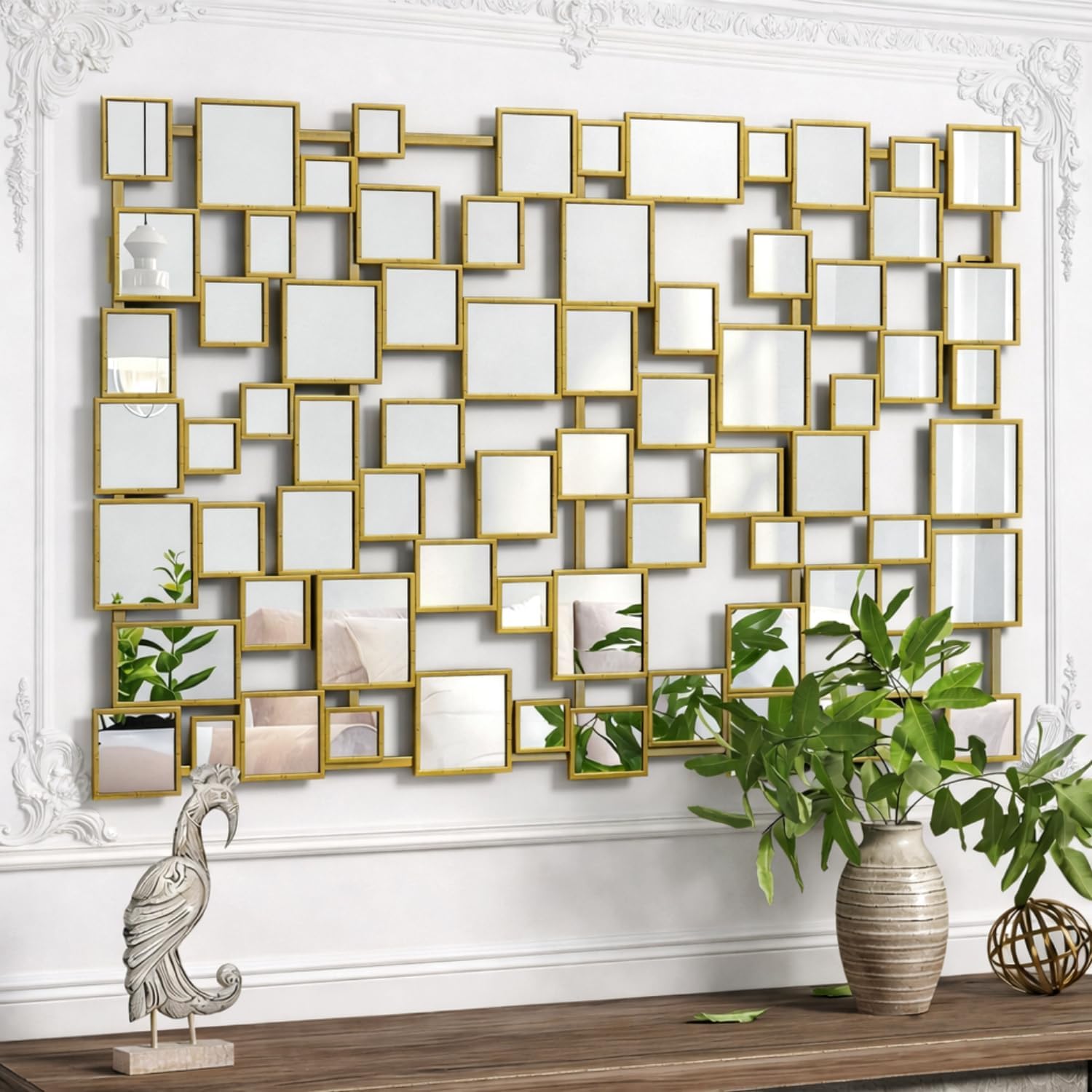 Gold Modern Wall Mirror - 45'×30' Large Metal Framed Decorative Mirror, Unique Mosaic Design Wall Mirrors for Living Room Entryway Hallway Home Art Decor