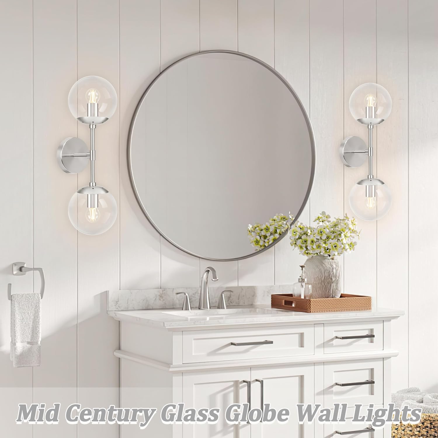 KoKo&Yukina Nickel 2 Pack Vanity Light Fixtures Mid Century Modern Bathroom Vanity Light Globe Sconce with Clear Glass for Bathroom Bedroom