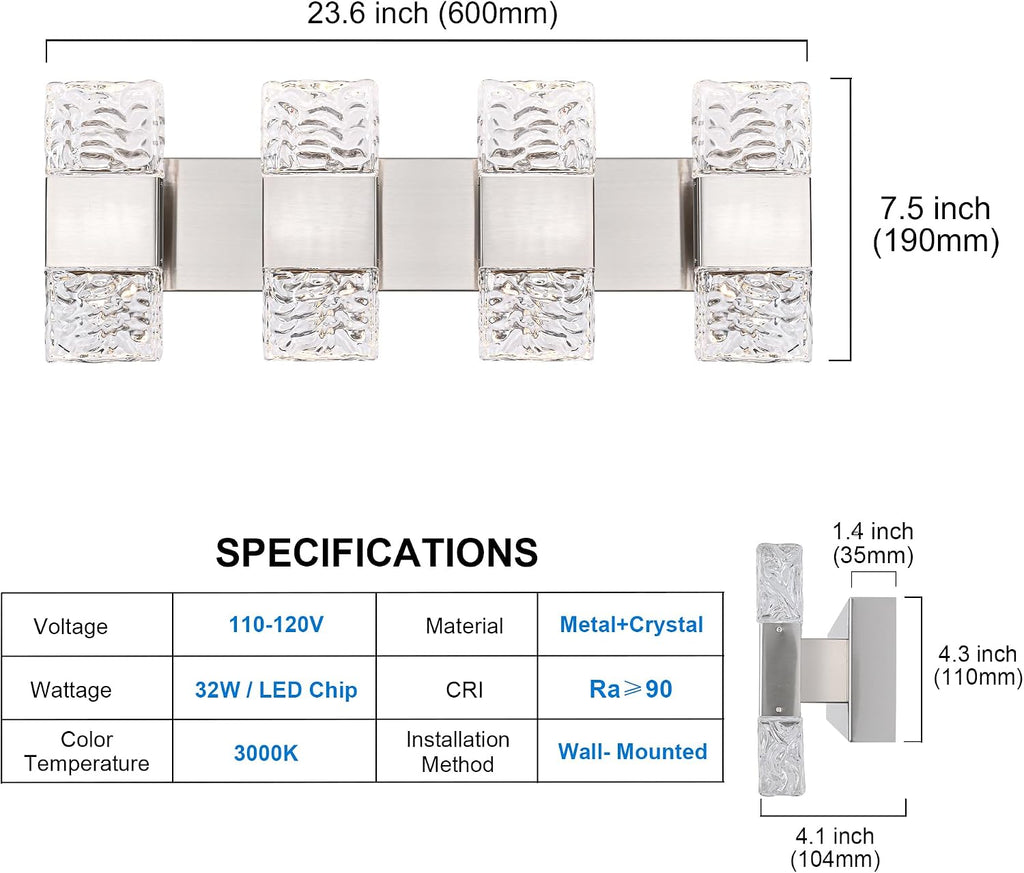 MELUCEE Brushed Nickel Bathroom Light Fixtures Over Mirror 23.6 Inch, 32W Dimmable 3000K LED Vanity Light Bar, Modern Bathroom Vanity Lights Above Mirror Wall Mount, Built-in Led Chips