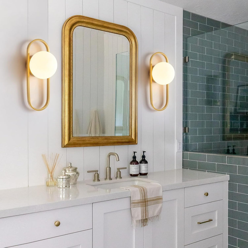 Wall Sconces Set of Two Brushed Gold Wall Lamp Sconces Wall Lighting with White Globe Glass Shade Wall Lights Sconces Wall Decor Set of 2 Wall Lights for Living Room Wall Lamps for Bedrooms Set of 2