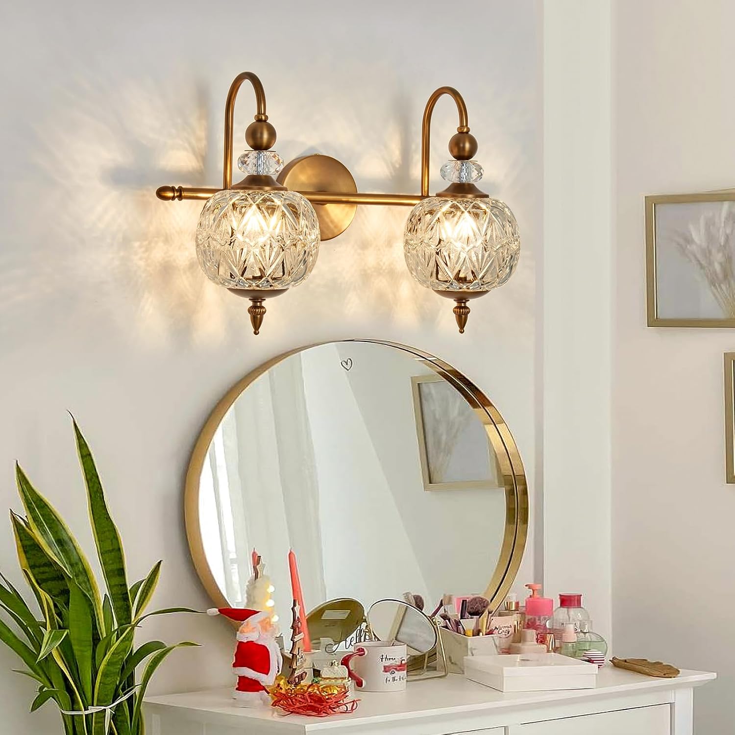 Piepooye Vintage Bathroom Light Fixtures Gold Vanity Light with Glass Globe LampShade 2 Lights Mid Century G9 Bulb Wall Sconce Indoor Vanity Light Over Mirror for Bedroom Farmhouse Hallway