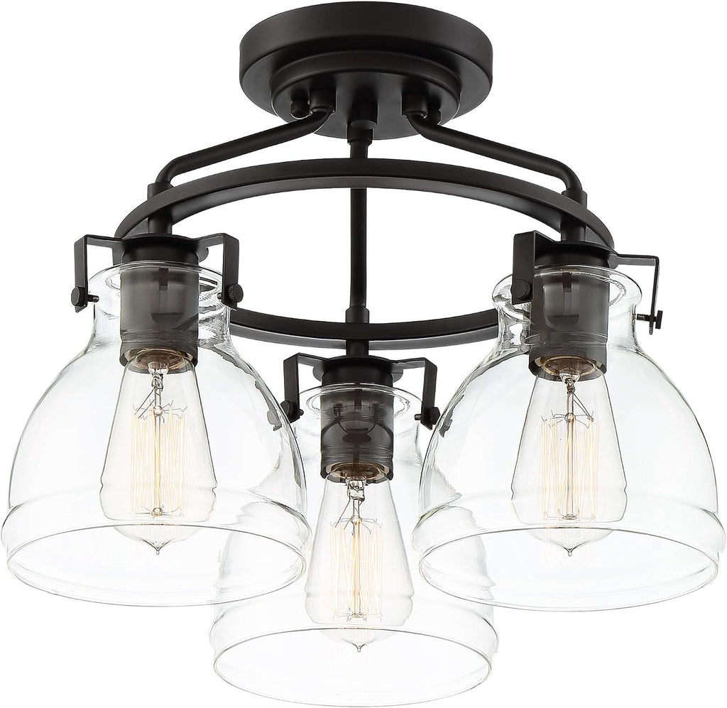 Possini Euro Design Bellis Industrial Rustic Farmhouse Ceiling Light Semi Flush-Mount Fixture 14 1/2' Wide Bronze 3-Light Clear Glass Shade for Bedroom Kitchen Living Room Hallway Dining Room House