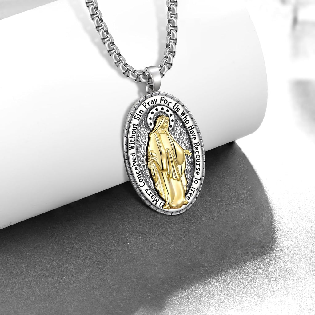 Virgin Mary Necklace for Men 925 Sterling Silver Plated 14K Yellow Gold Miraculous Medal Pendant Necklace Jewelry Gifts for Men Women 22' to 24' Chain
