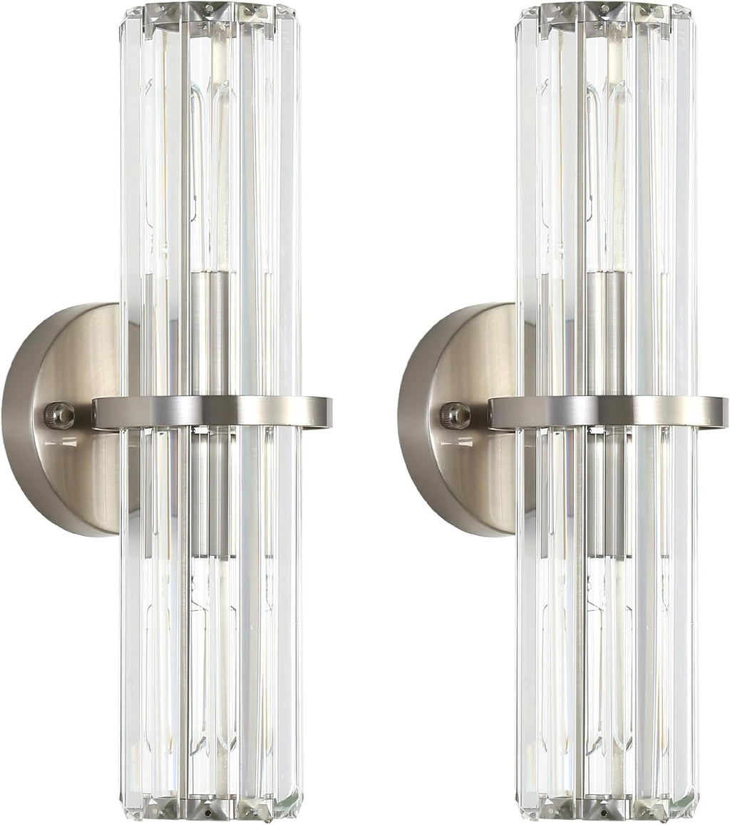 Crystal Wall Sconce Set of 2, Brushed Nickel Luxury Indoor Vanity Wall Lamp, 15.7-Inch Upper and lower illuminated Bathroom Light Fixtures, for Living Room, Bedroom, Bathroom, Hallway, Mirror, E26