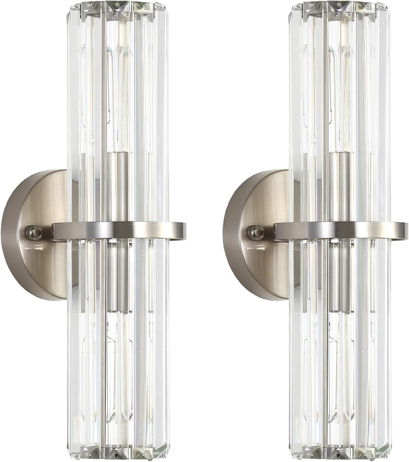 Crystal Wall Sconce Set of 2, Brushed Nickel Luxury Indoor Vanity Wall Lamp, 15.7-Inch Upper and lower illuminated Bathroom Light Fixtures, for Living Room, Bedroom, Bathroom, Hallway, Mirror, E26