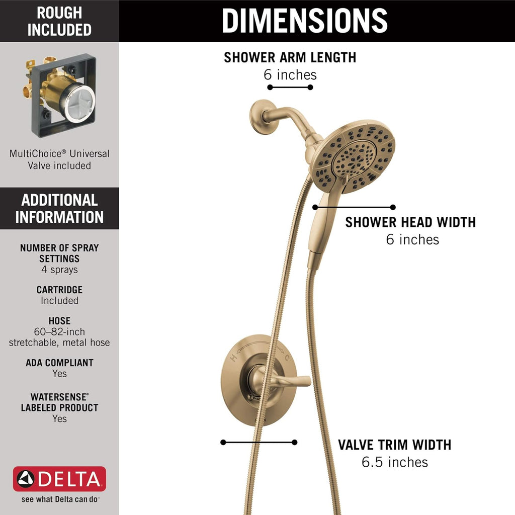 Delta Arvo 14 Series Brushed Gold Shower Faucet Set with In2ition 2-in-1 Dual Shower Head with HandHeld Spray Combo, Valve Trim Kit, Champagne Bronze 142840-CZ-I (Valve Included)