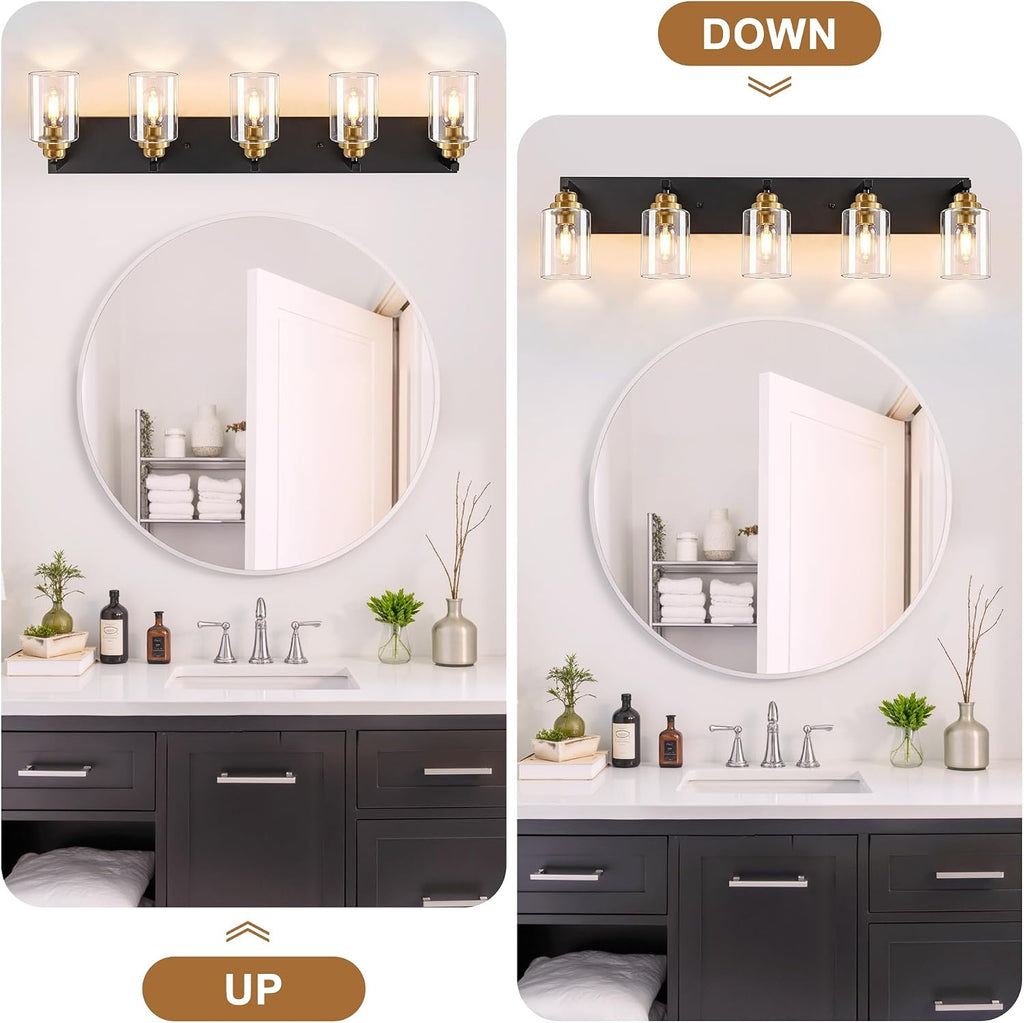 Black and Gold Bathroom Light Fixture, 5 Light Brushed Gold Vanity Light, 35.4' Modern Farmhouse Bathroom Lighting Fixtures Over Mirror, with Clear Glass Shade, Vanity Lights for Bedroom Hallway