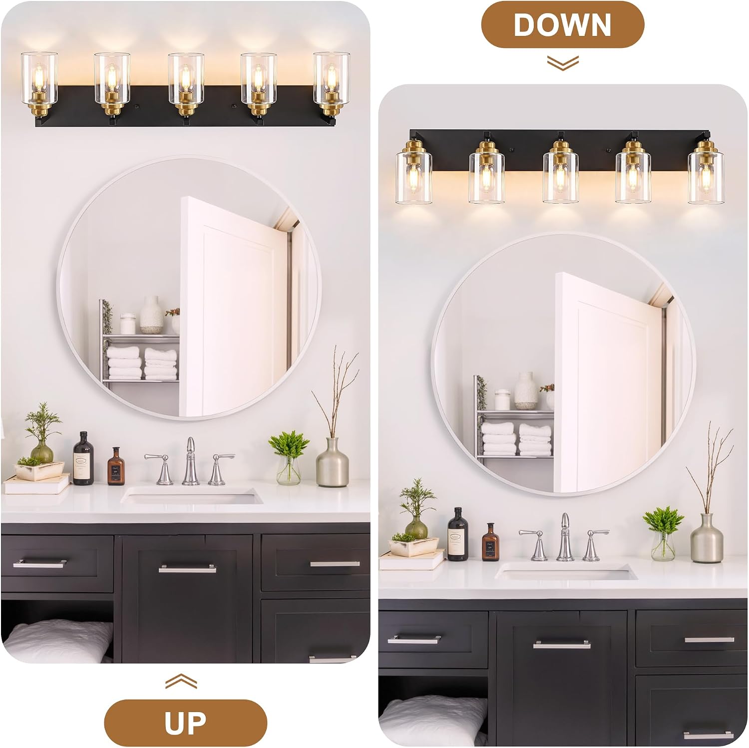 Black and Gold Bathroom Light Fixture, 5 Light Brushed Gold Vanity Light, 35.4' Modern Farmhouse Bathroom Lighting Fixtures Over Mirror, with Clear Glass Shade, Vanity Lights for Bedroom Hallway