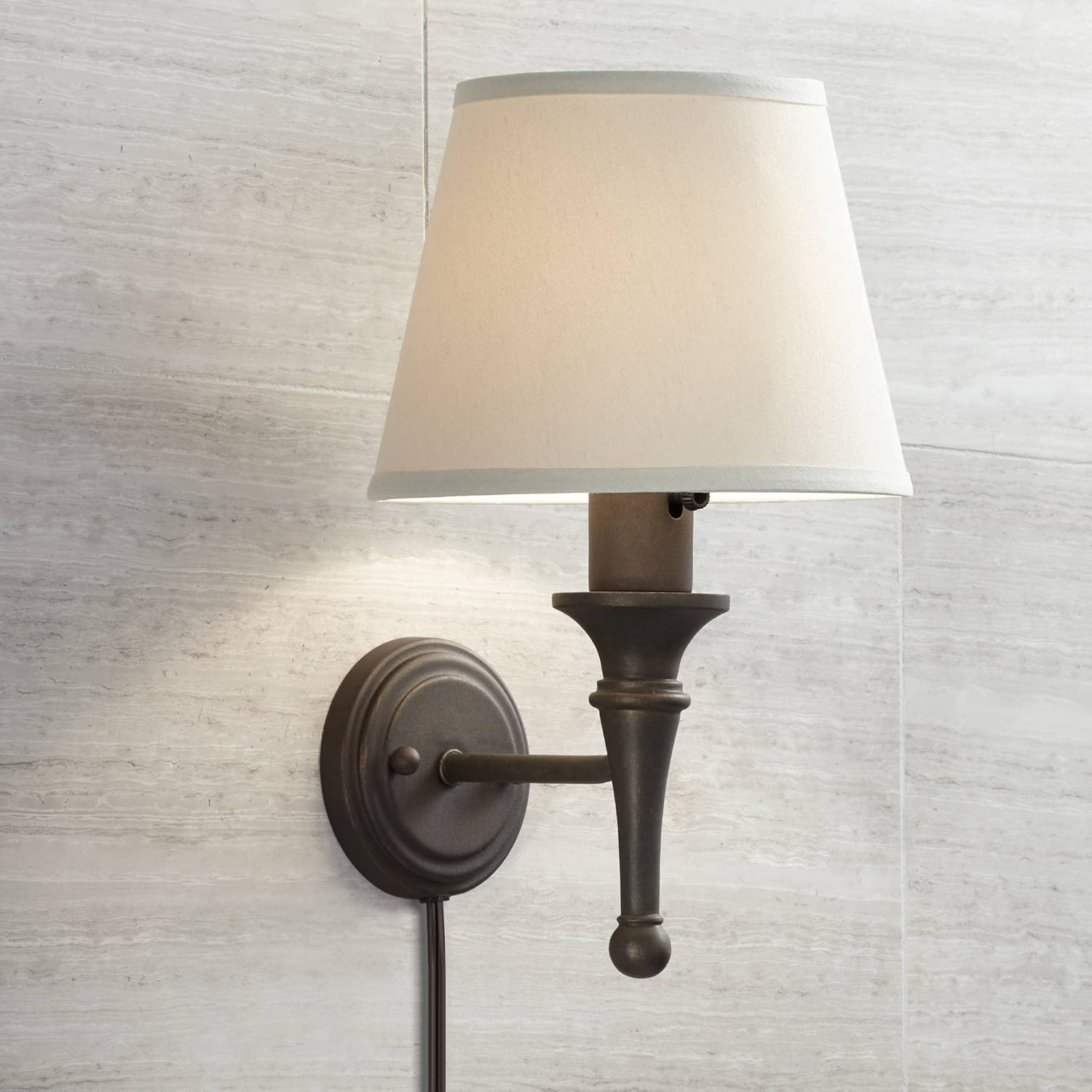 Regency Hill Braidy Rustic Wall Light Sconces Set of 2 Bronze Copper Chrome Plug-in 7' Fixture Ivory Cotton Empire Shade for Bedroom House Reading Living Room Home