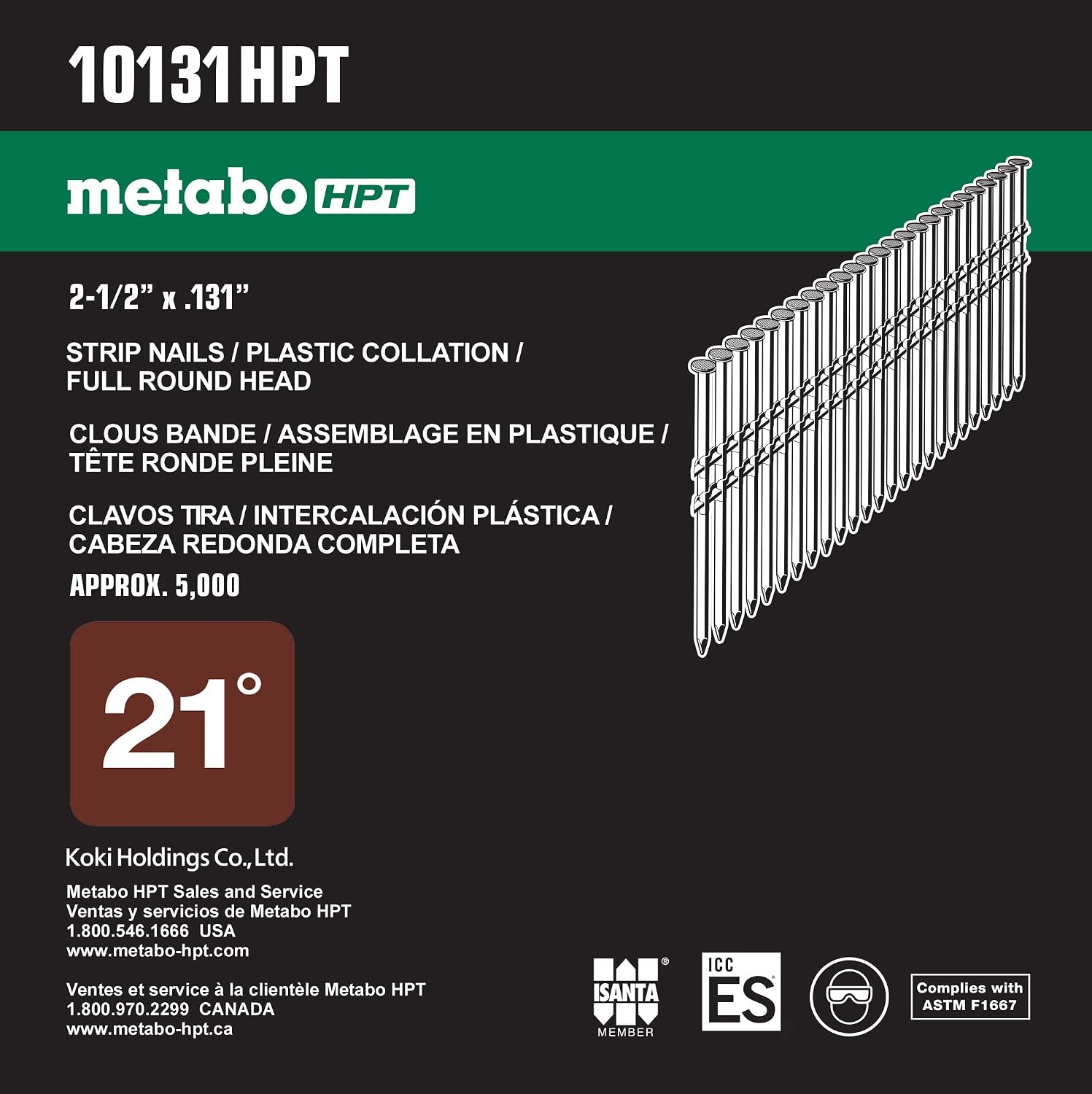 Metabo HPT Framing Nails | 2-1/2 In. x .131 | 21 Degree | Full Round Head | Bright Basic | Ring Shank | 5,000 Count | 10131HPT