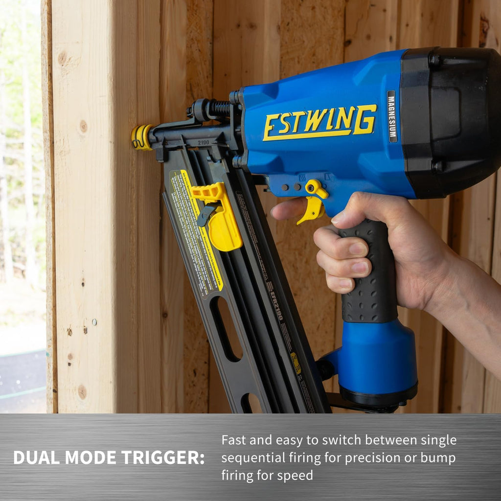 Estwing Pneumatic 21 Degree Framing Nailer, 2'–3-1/2' Framing Nails, Lightweight Magnesium Nail Gun with Depth Adjustment, Dual Trigger & Swivel Fitting, Includes Belt Hook & Carry Bag, EFR2190