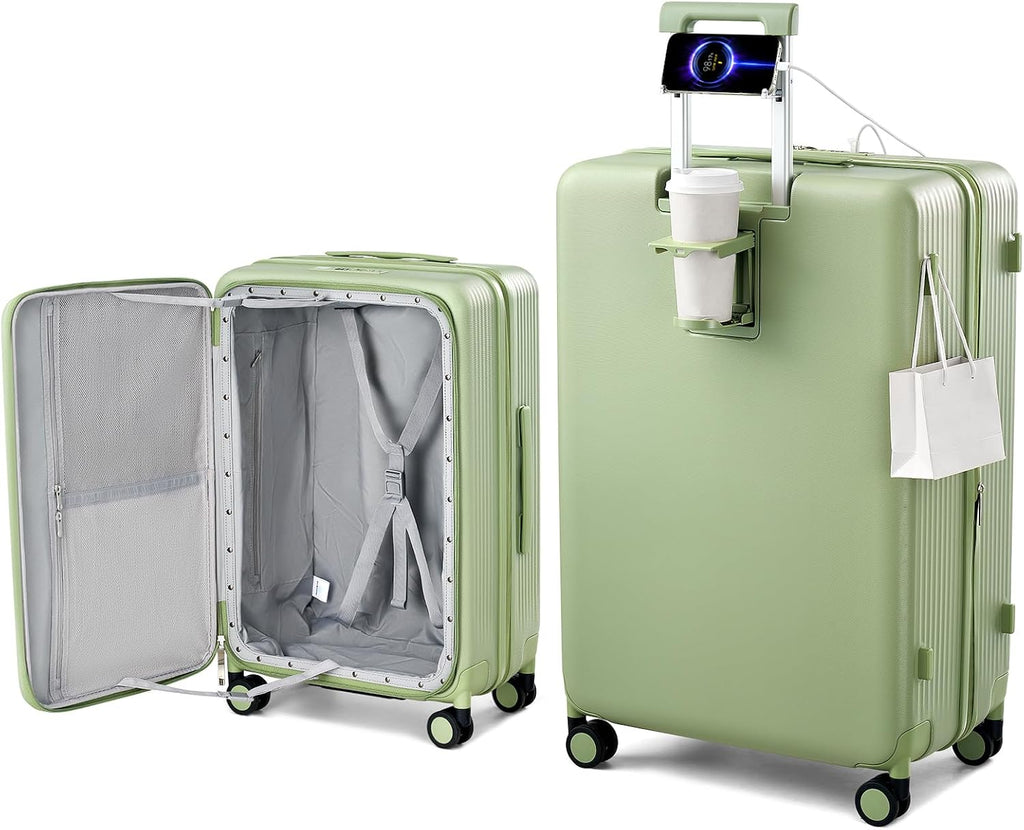 Hanke Large Expandable 28 Inch Luggage with Spinner Wheels Top Opening Travel Luggage Hard Shell Rolling Suitcases Lightweight Checked Luggage with Cup Holder(Bamboo Green)