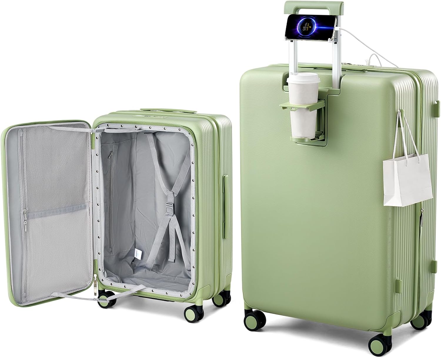 Hanke Large Expandable 28 Inch Luggage with Spinner Wheels Top Opening Travel Luggage Hard Shell Rolling Suitcases Lightweight Checked Luggage with Cup Holder(Bamboo Green)