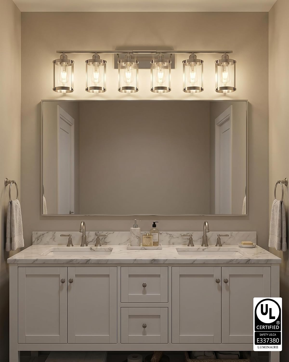 6-Light Brushed Nickel Bathroom Light Fixtures Over Mirror with Clear Glass and Metal Cage Shade, 42' UL-Listed Modern Farmhouse Wall Sconce for Bath, Hardwire E26, OS-3014BN-6W