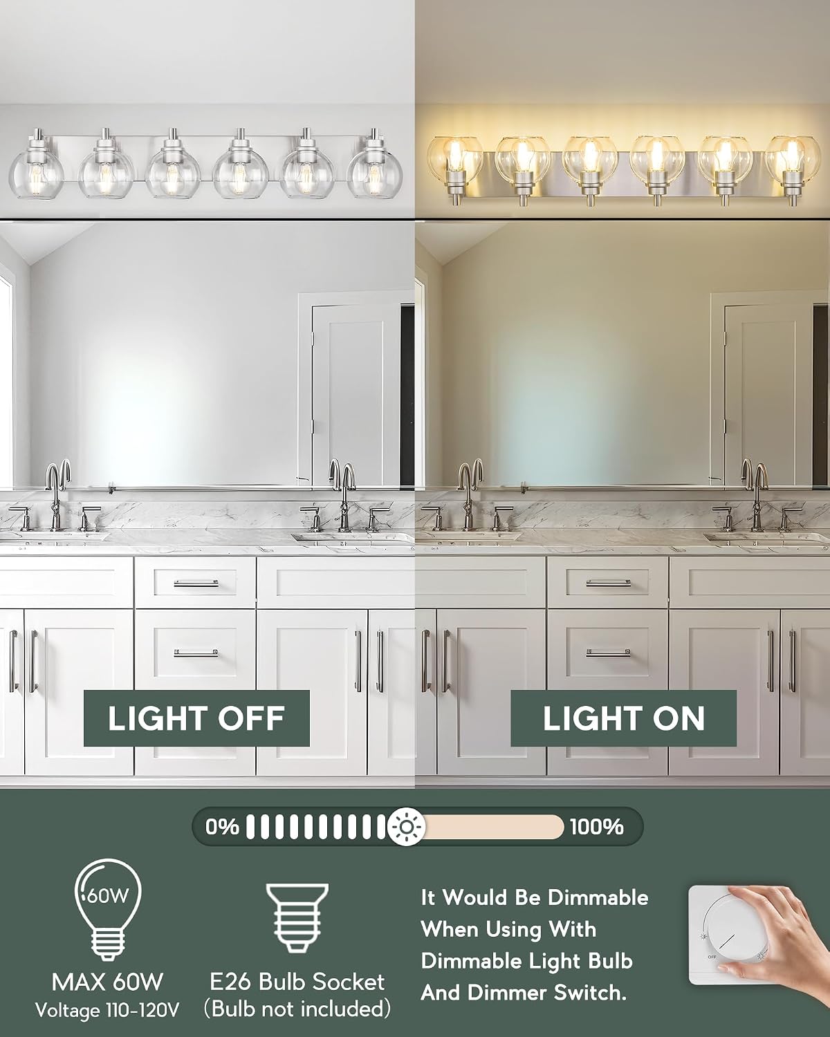 Bathroom Light Fixtures, 6 Light Brushed Nickel Vanity Light, 38 Inch Modern Wall Sconces with Globe Clear Glass Shade, Vanity Lighting Fixtures Over Mirror, VL195-BN-6