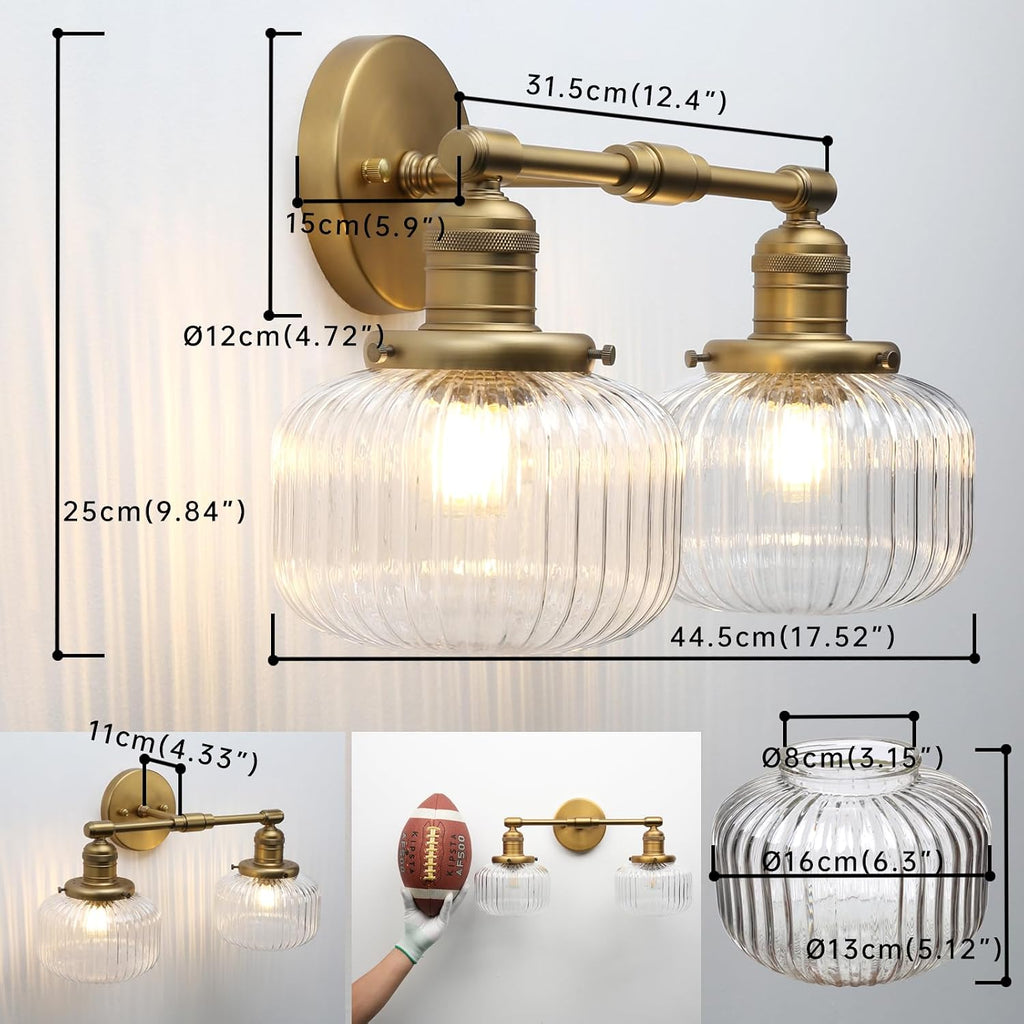 2-Lights Industrial Glass Wall Sconces, Antique Brass Clear Striped Globe Shade Wall Light Fixture for Bathroom Vanity, Bedroom, Dining Room, Living Room, Farmhouse, Stairs