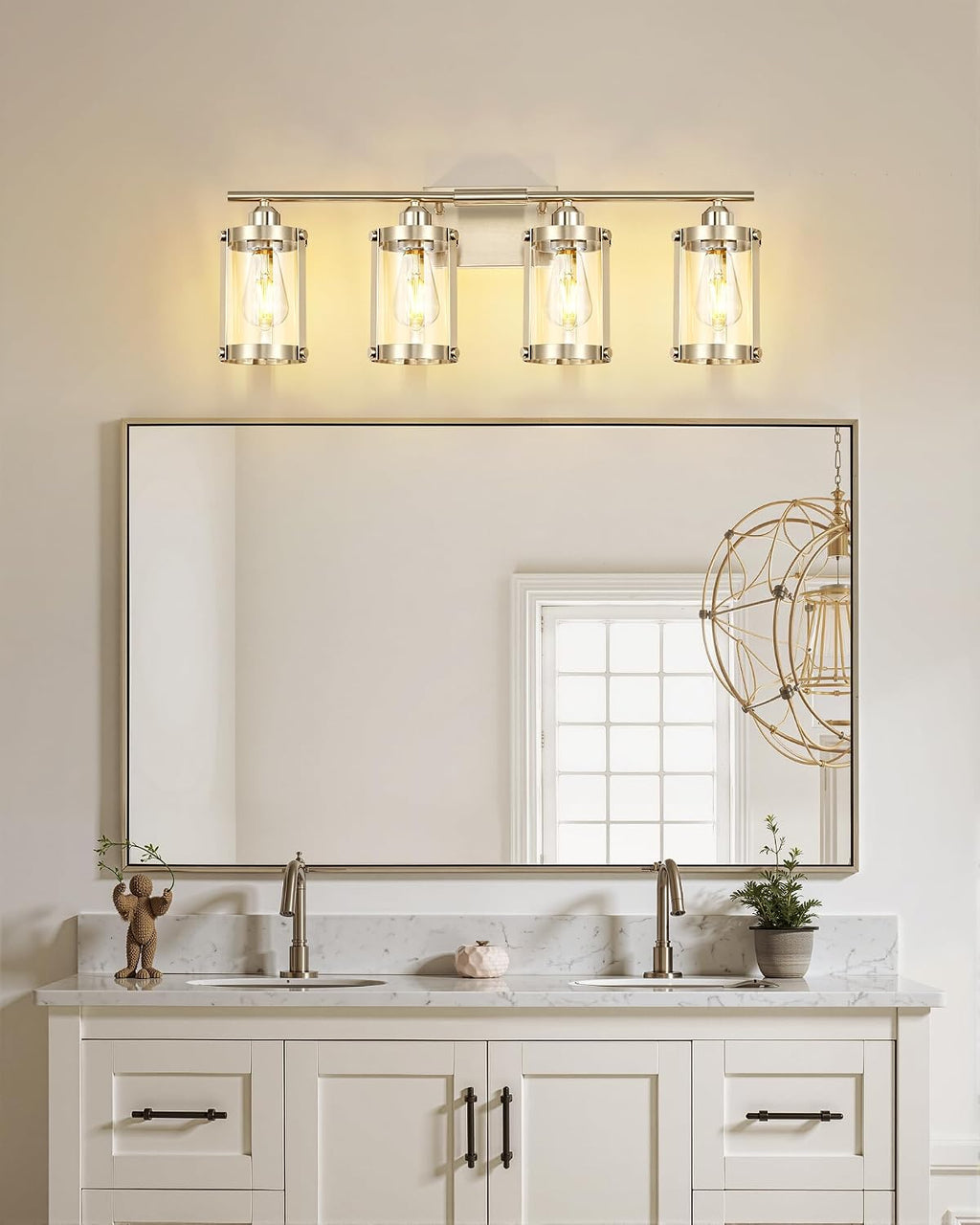 4-Light Brushed Nickel Bathroom Light Fixtures, 29 Inch Modern Bathroom Vanity Lighting Fixtures Over Mirror with Clear Glass and Metal Cage Wall Sconce Lights for Bath, E26, OS-3014BN-4W