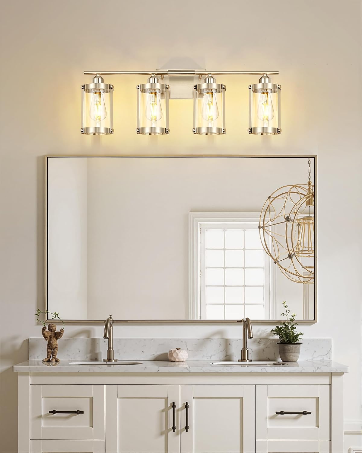 4-Light Brushed Nickel Bathroom Light Fixtures, 29 Inch Modern Bathroom Vanity Lighting Fixtures Over Mirror with Clear Glass and Metal Cage Wall Sconce Lights for Bath, E26, OS-3014BN-4W